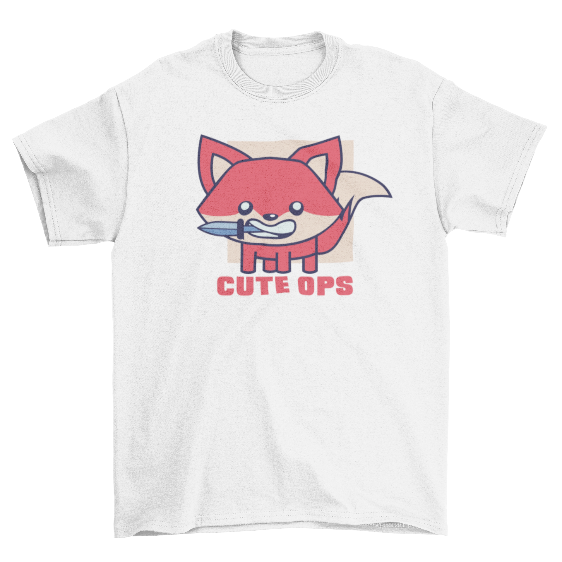 Cute ops fox t-shirt featuring a playful fox illustration with a knife and the caption 'Cute ops'.