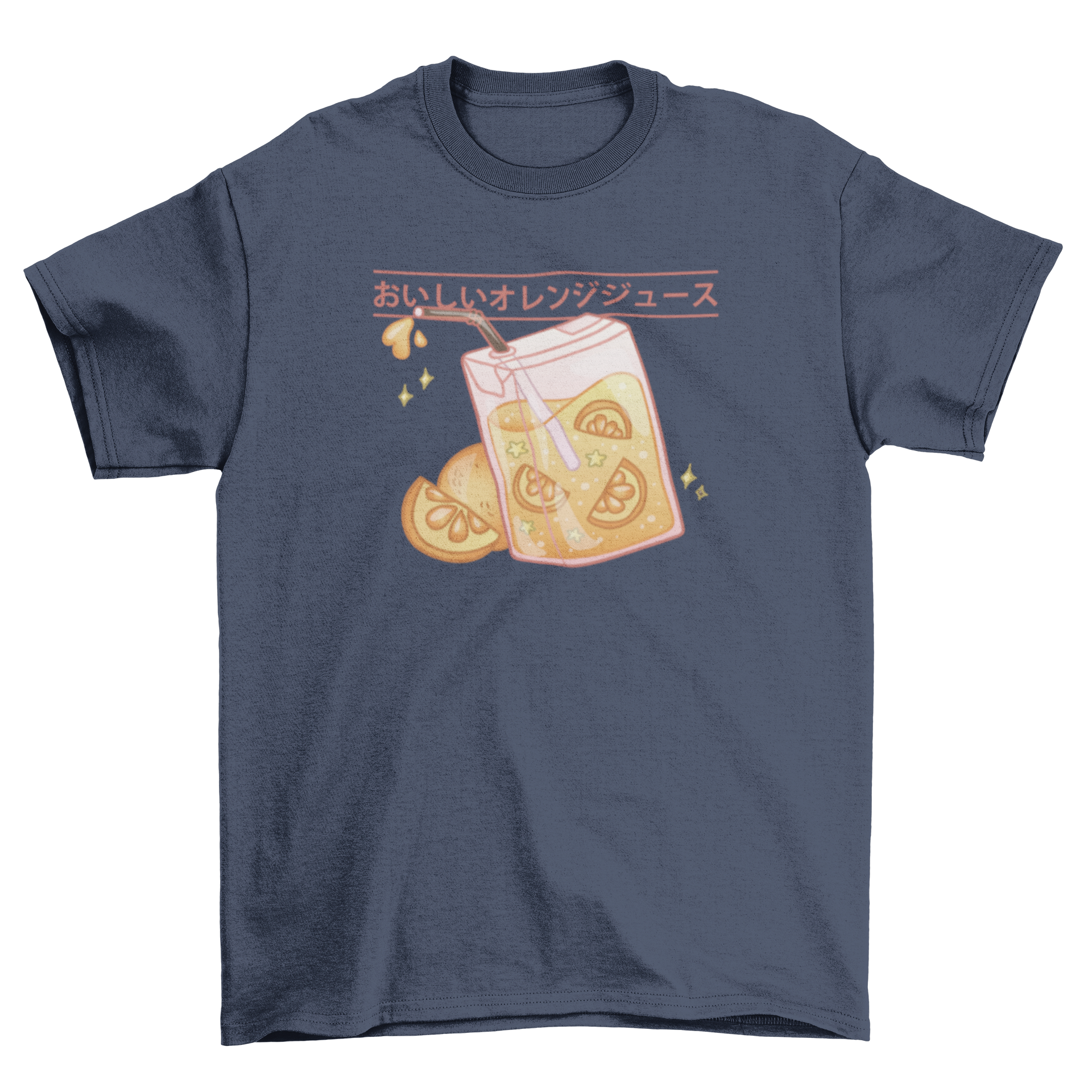 Cute orange juice box t-shirt with a straw and Japanese caption.