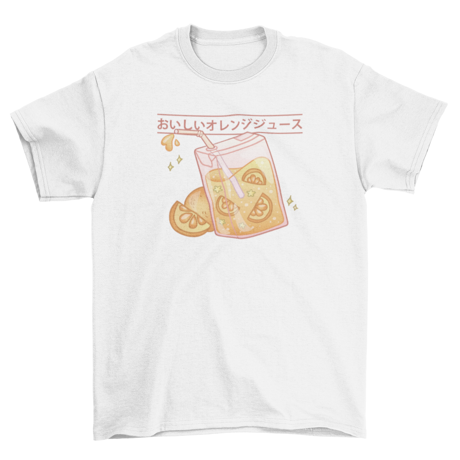 Cute orange juice box t-shirt with a straw and Japanese caption.