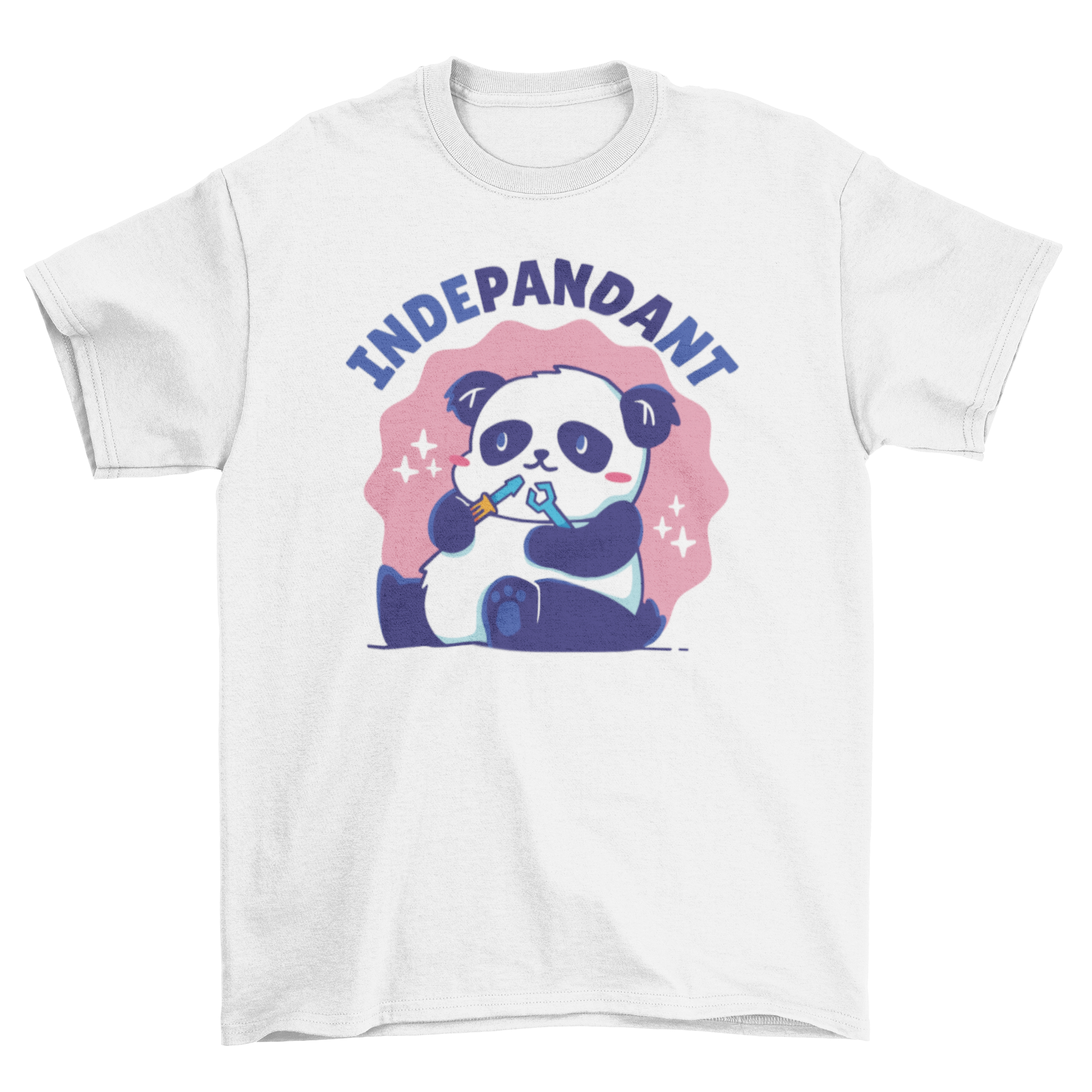 Cute t-shirt featuring a panda bear playing with tools and the word 'Independent'.