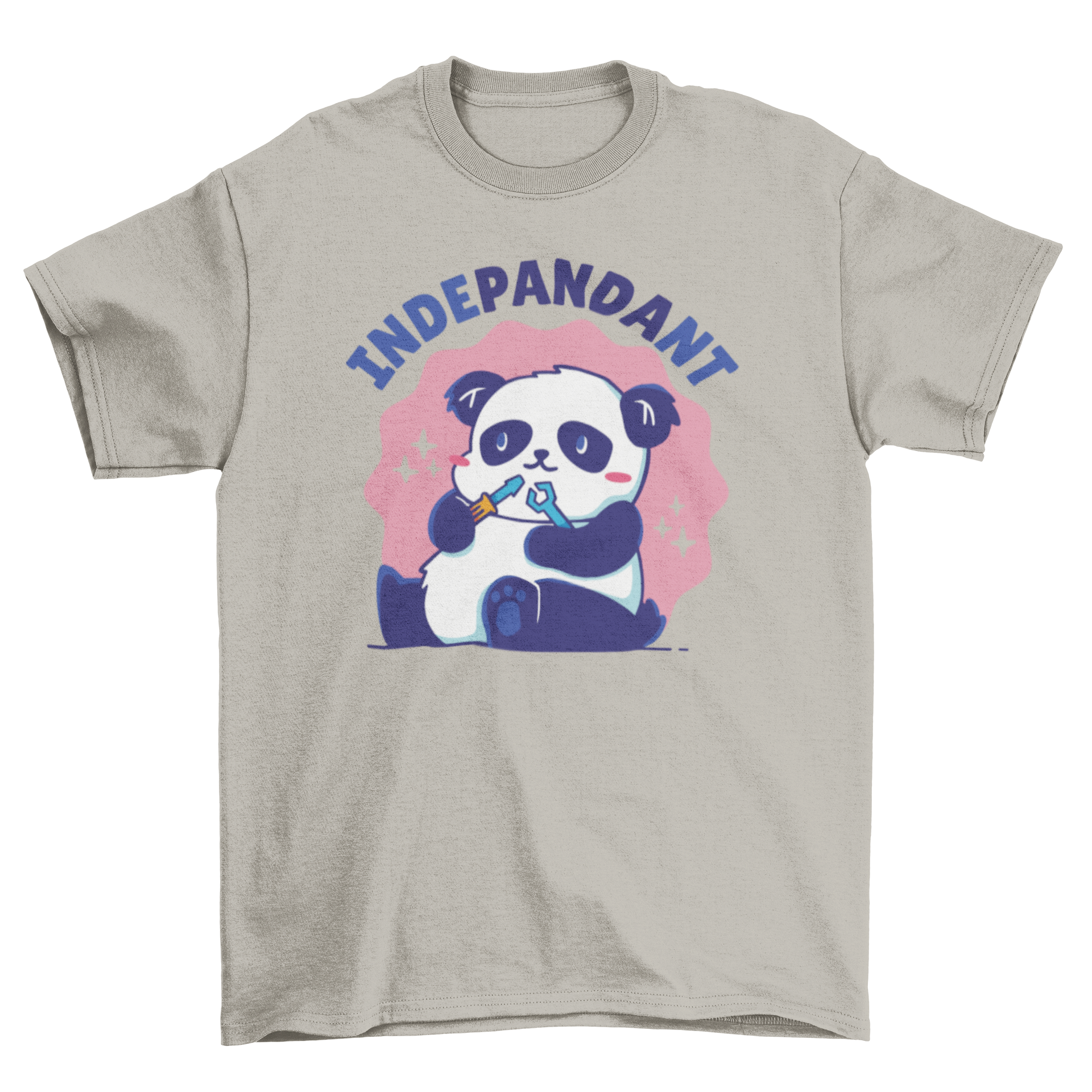 Cute t-shirt featuring a panda bear playing with tools and the word 'Independent'.