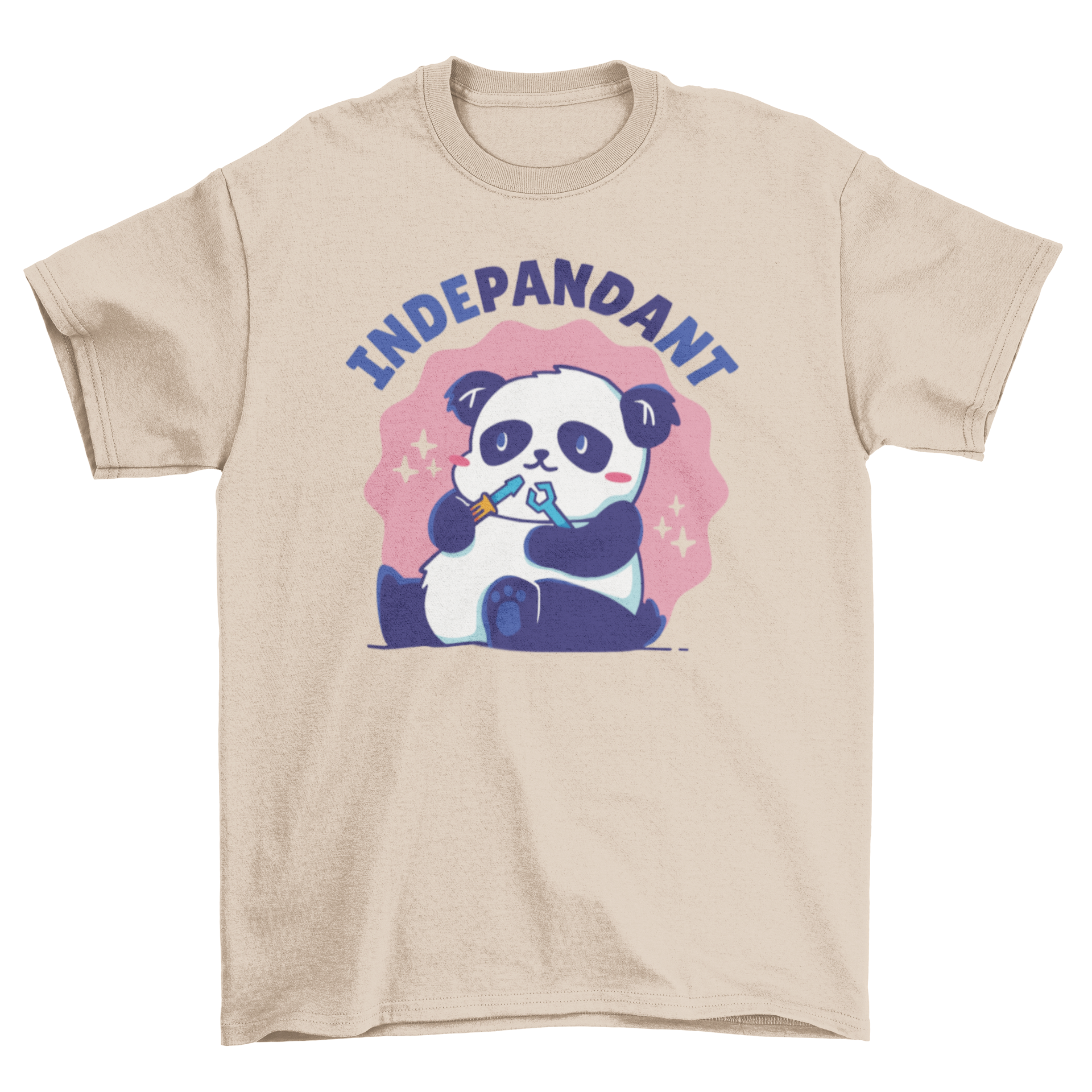 Cute t-shirt featuring a panda bear playing with tools and the word 'Independent'.