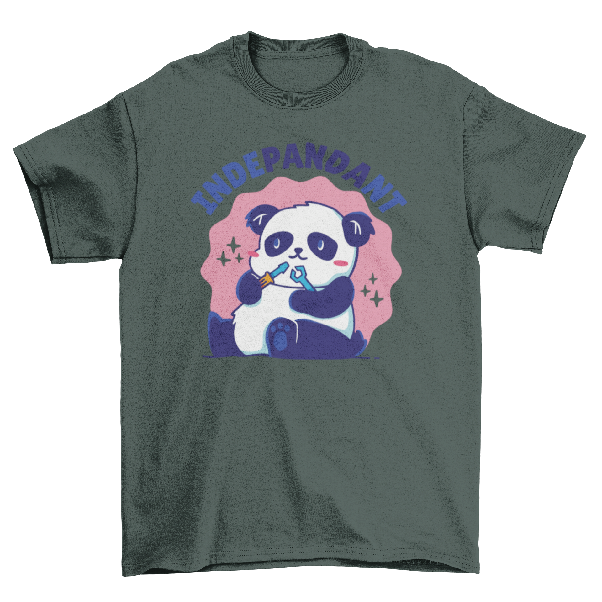 Cute t-shirt featuring a panda bear playing with tools and the word 'Independent'.