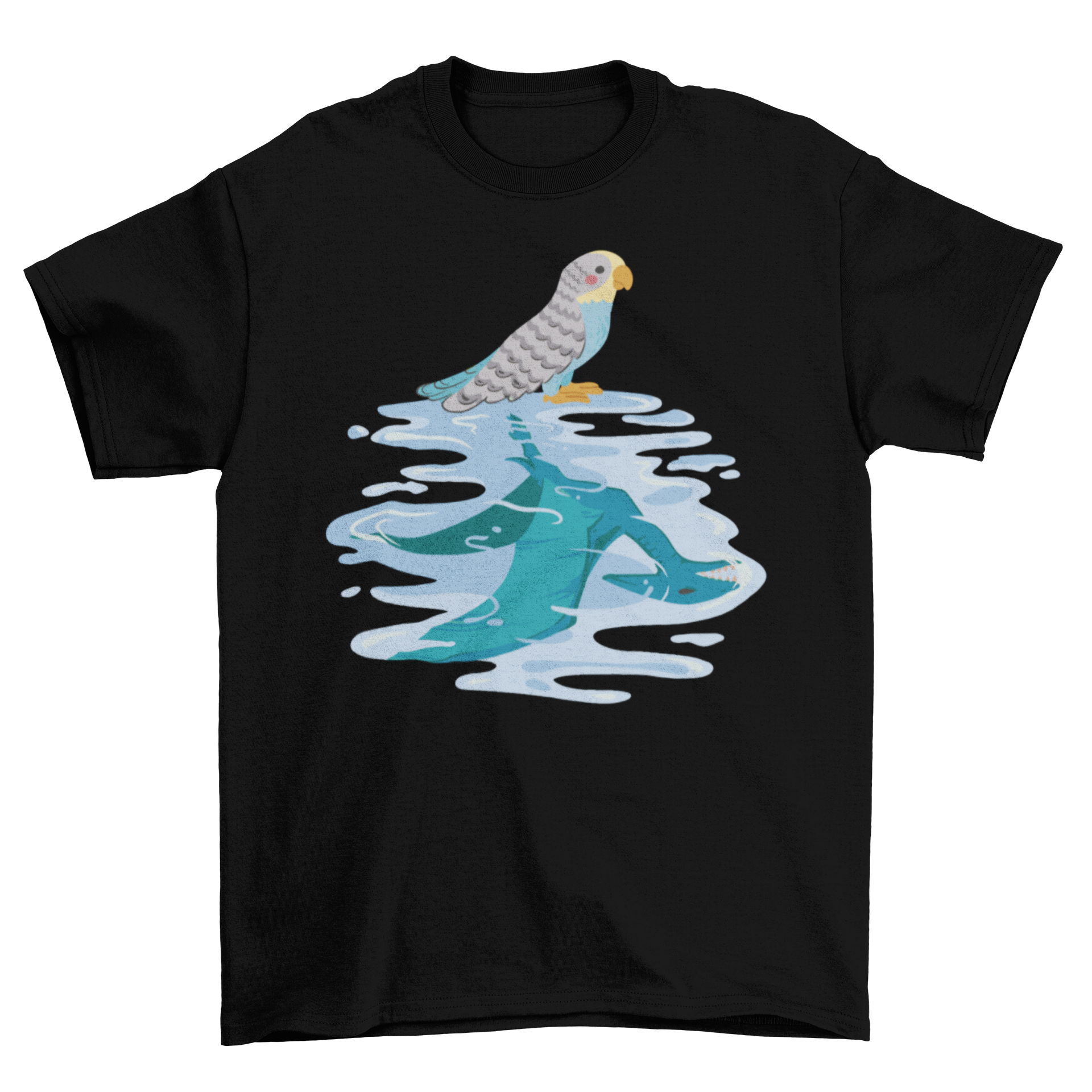 Cute t-shirt featuring a colorful parakeet bird and a dinosaur reflection, perfect for animal lovers.