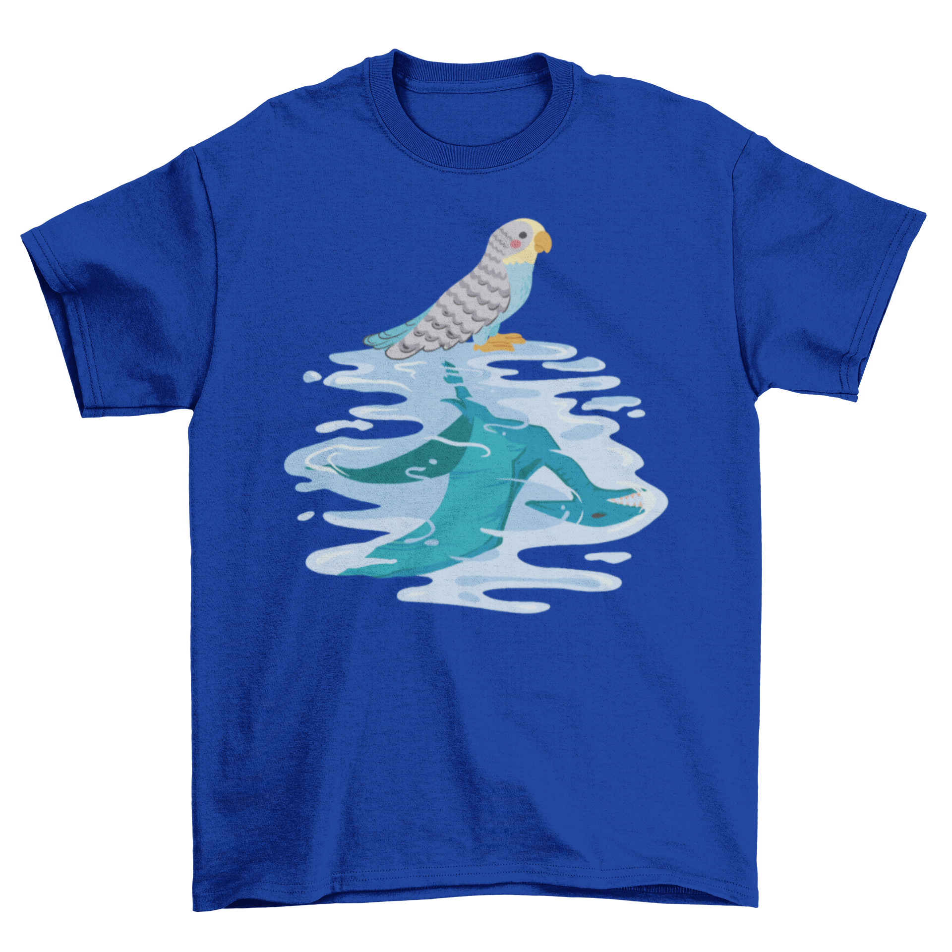 Cute t-shirt featuring a colorful parakeet bird and a dinosaur reflection, perfect for animal lovers.