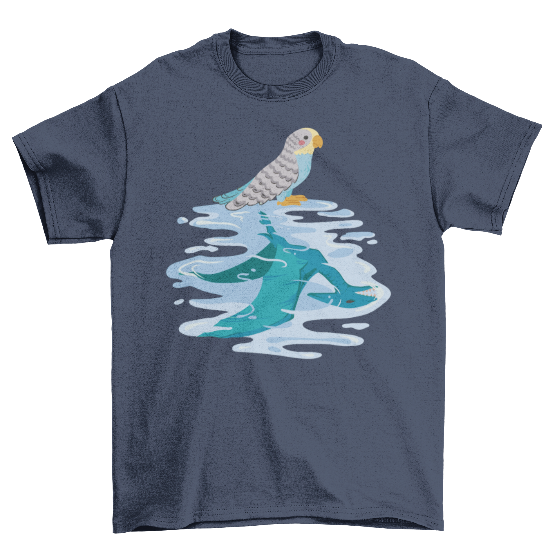 Cute t-shirt featuring a colorful parakeet bird and a dinosaur reflection, perfect for animal lovers.