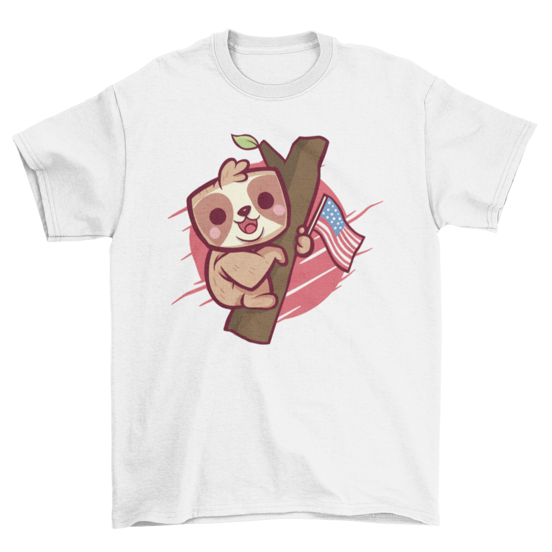 Cute sloth t-shirt featuring an illustration of a sloth holding the United States flag, perfect for patriotic occasions.