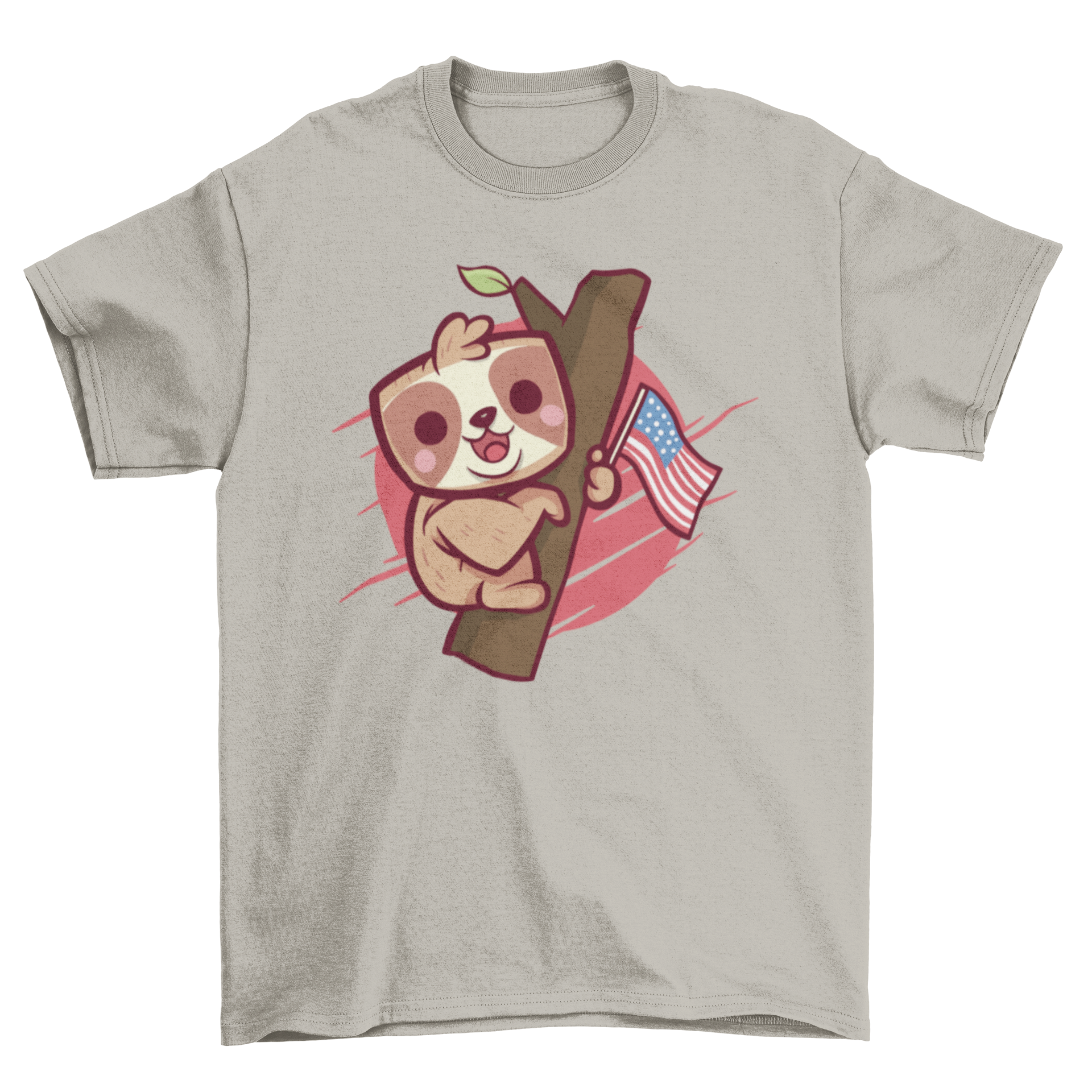 Cute sloth t-shirt featuring an illustration of a sloth holding the United States flag, perfect for patriotic occasions.