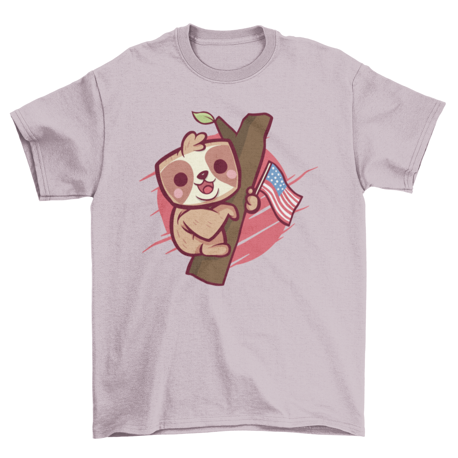 Cute sloth t-shirt featuring an illustration of a sloth holding the United States flag, perfect for patriotic occasions.