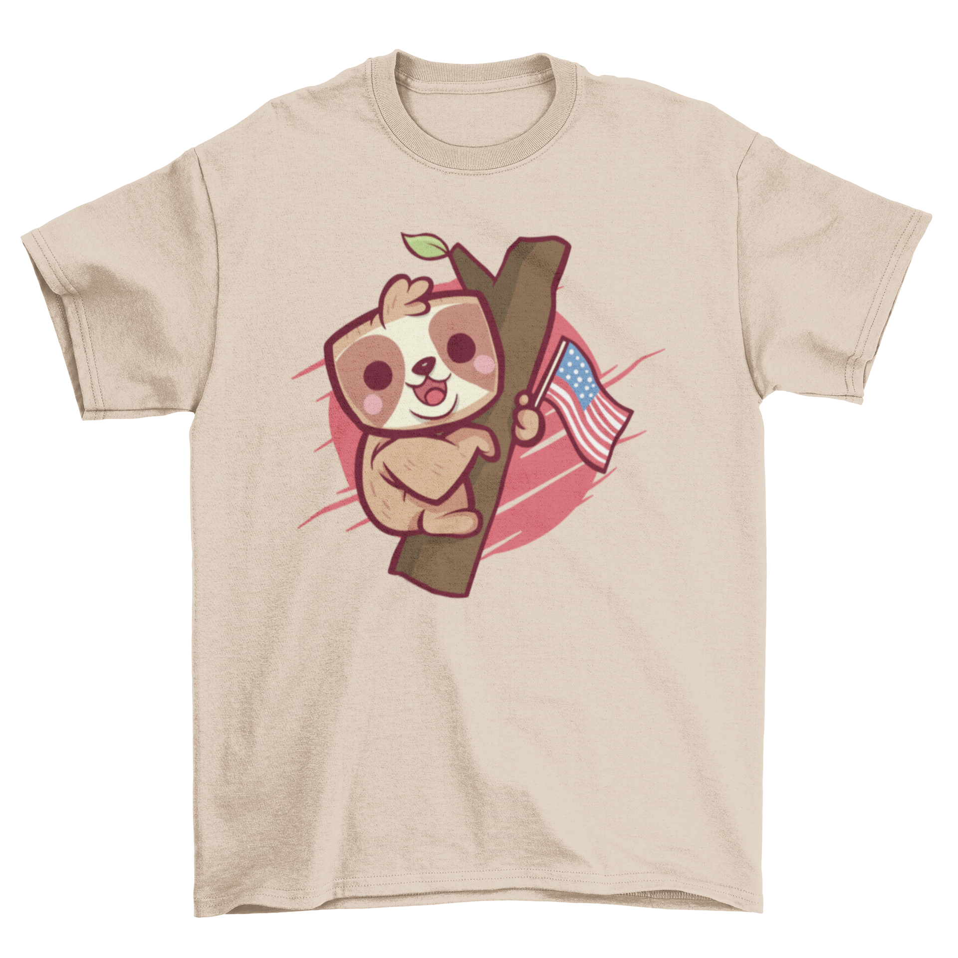 Cute sloth t-shirt featuring an illustration of a sloth holding the United States flag, perfect for patriotic occasions.