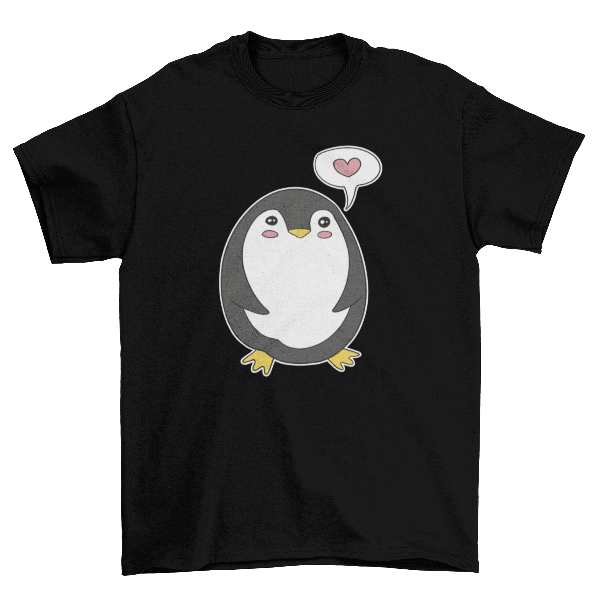 Cute penguin character t-shirt featuring a penguin with a heart design, perfect for casual wear.