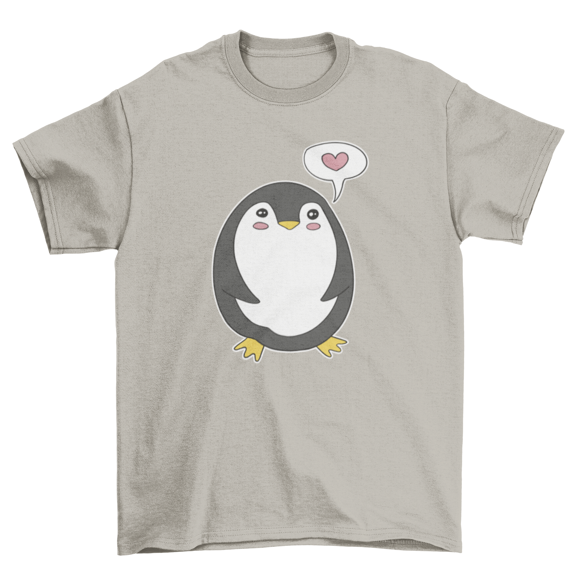 Cute penguin character t-shirt featuring a penguin with a heart design, perfect for casual wear.