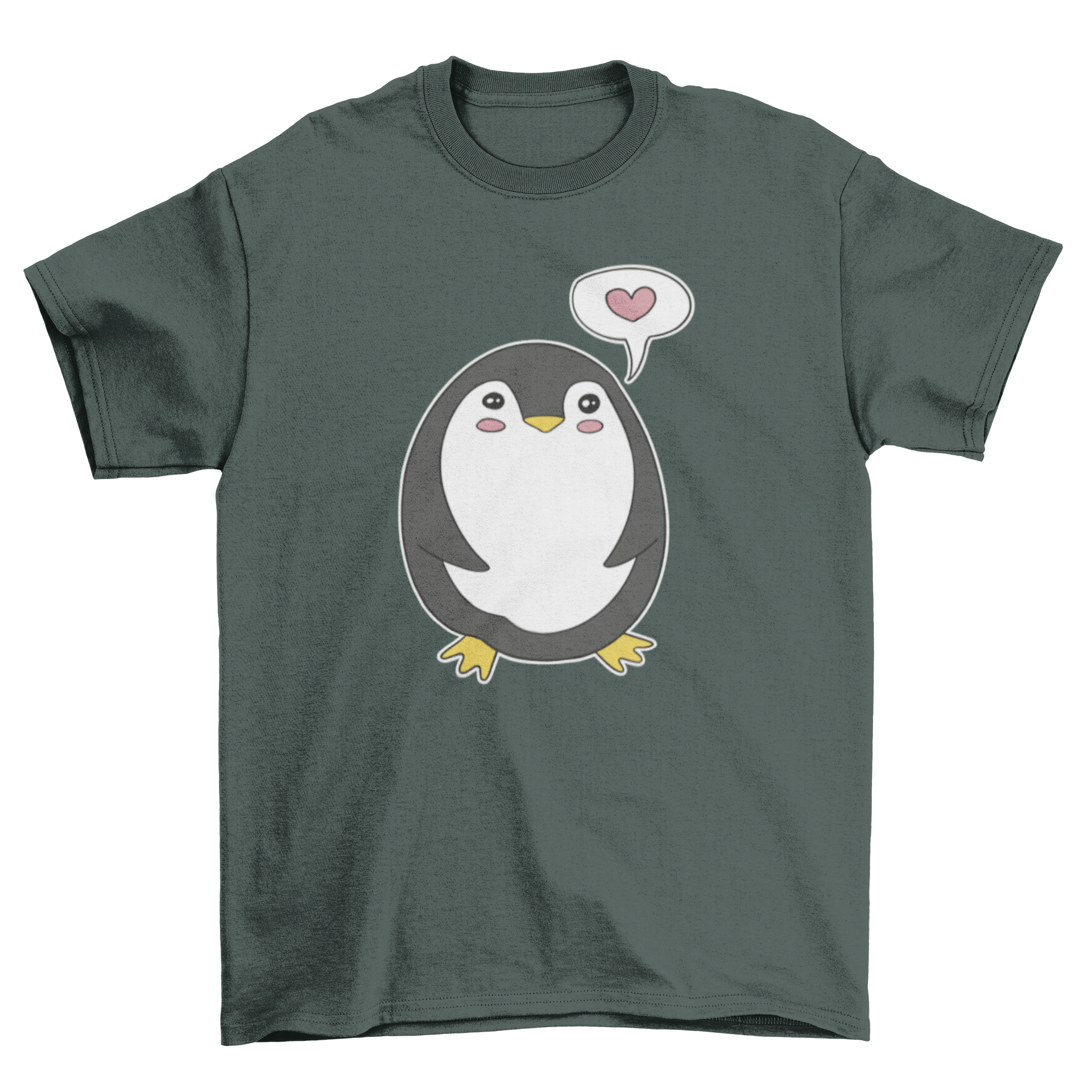 Cute penguin character t-shirt featuring a penguin with a heart design, perfect for casual wear.