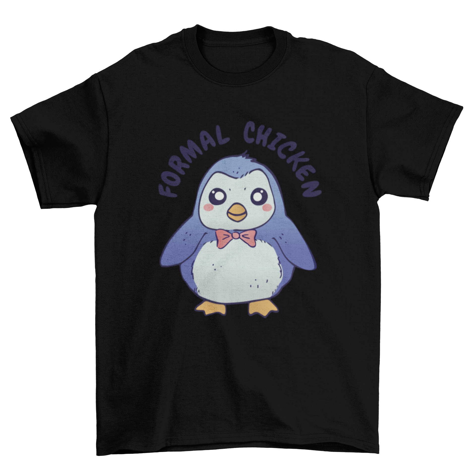 Cute t-shirt featuring a penguin in a bowtie with the quote 'Formal chicken'.