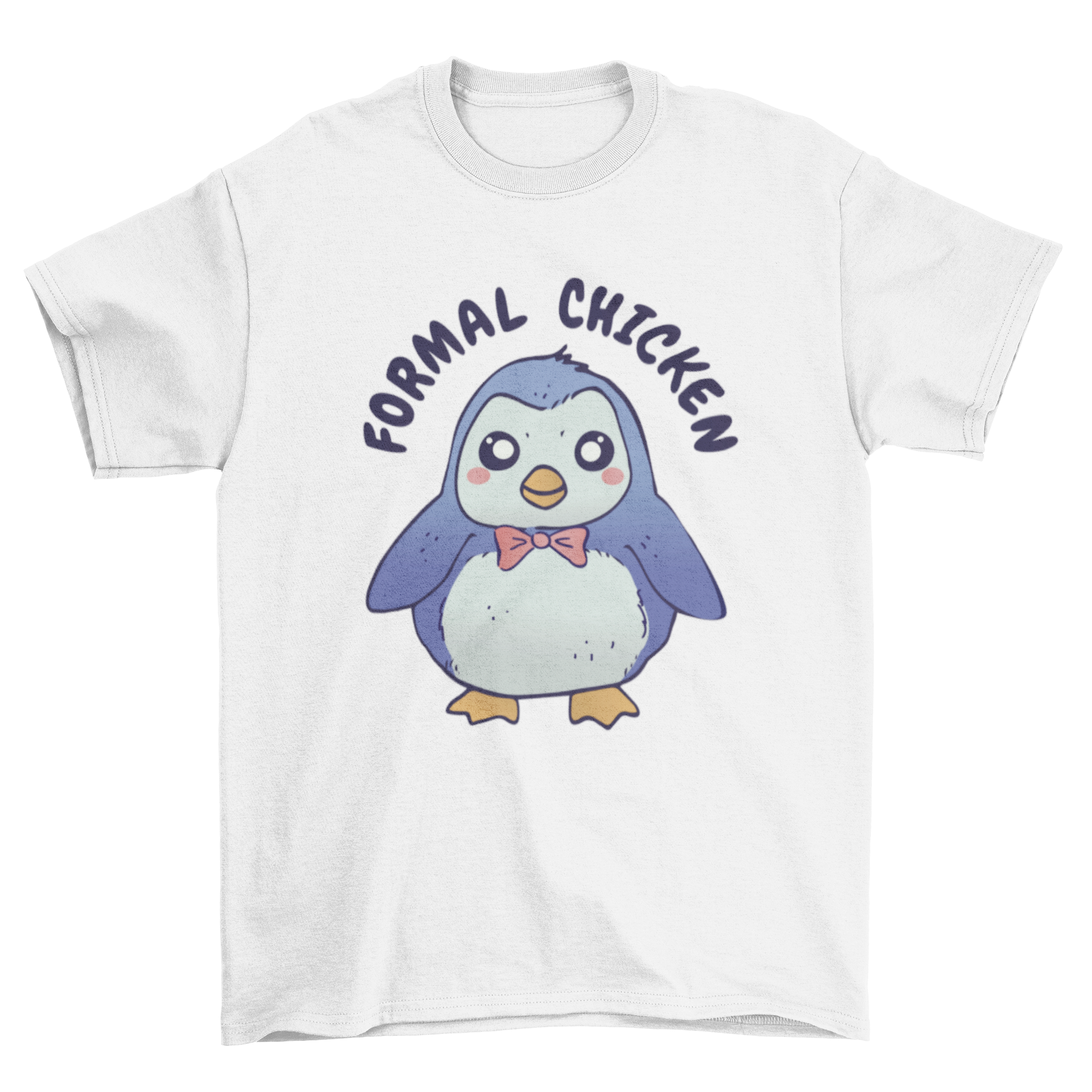 Cute t-shirt featuring a penguin in a bowtie with the quote 'Formal chicken'.