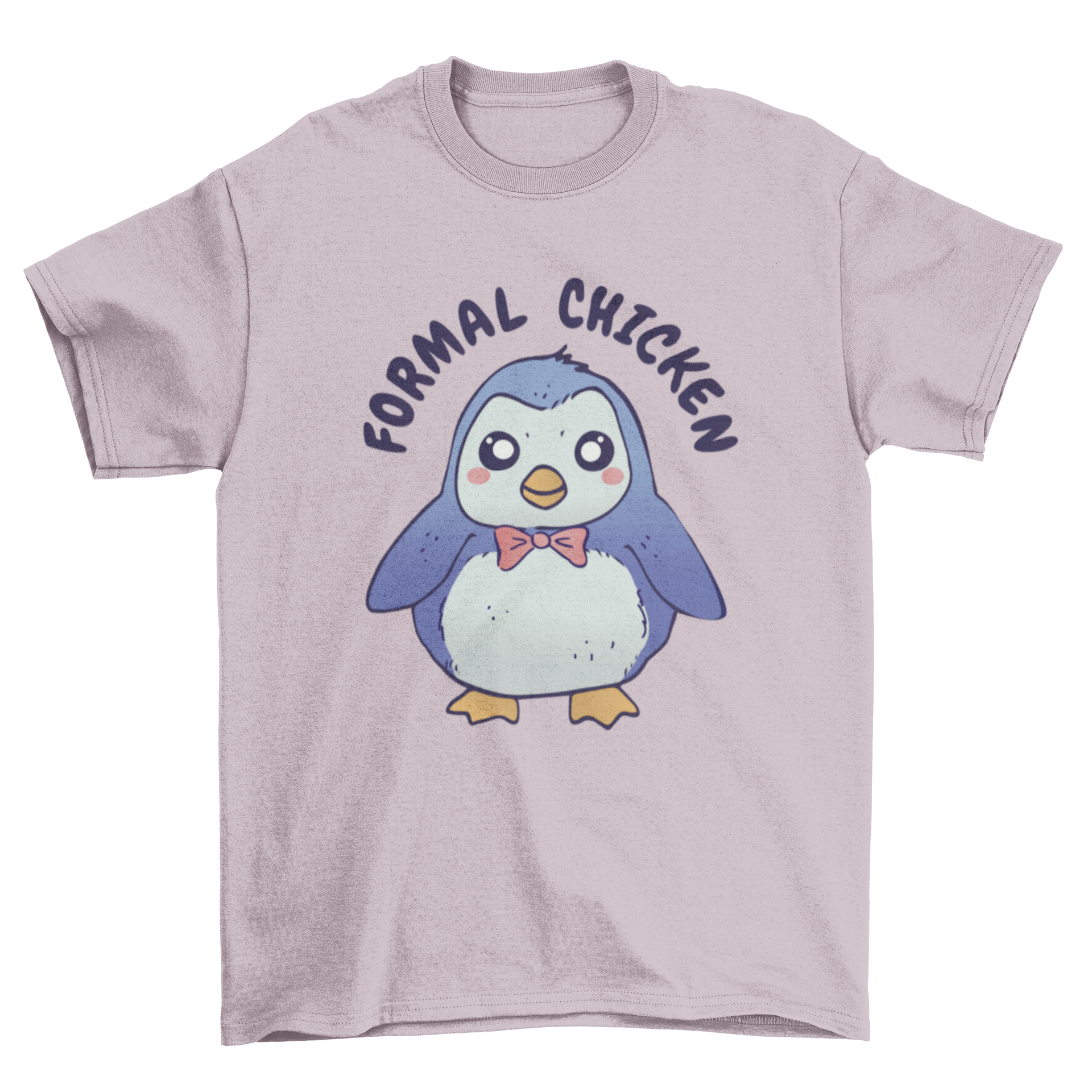 Cute t-shirt featuring a penguin in a bowtie with the quote 'Formal chicken'.