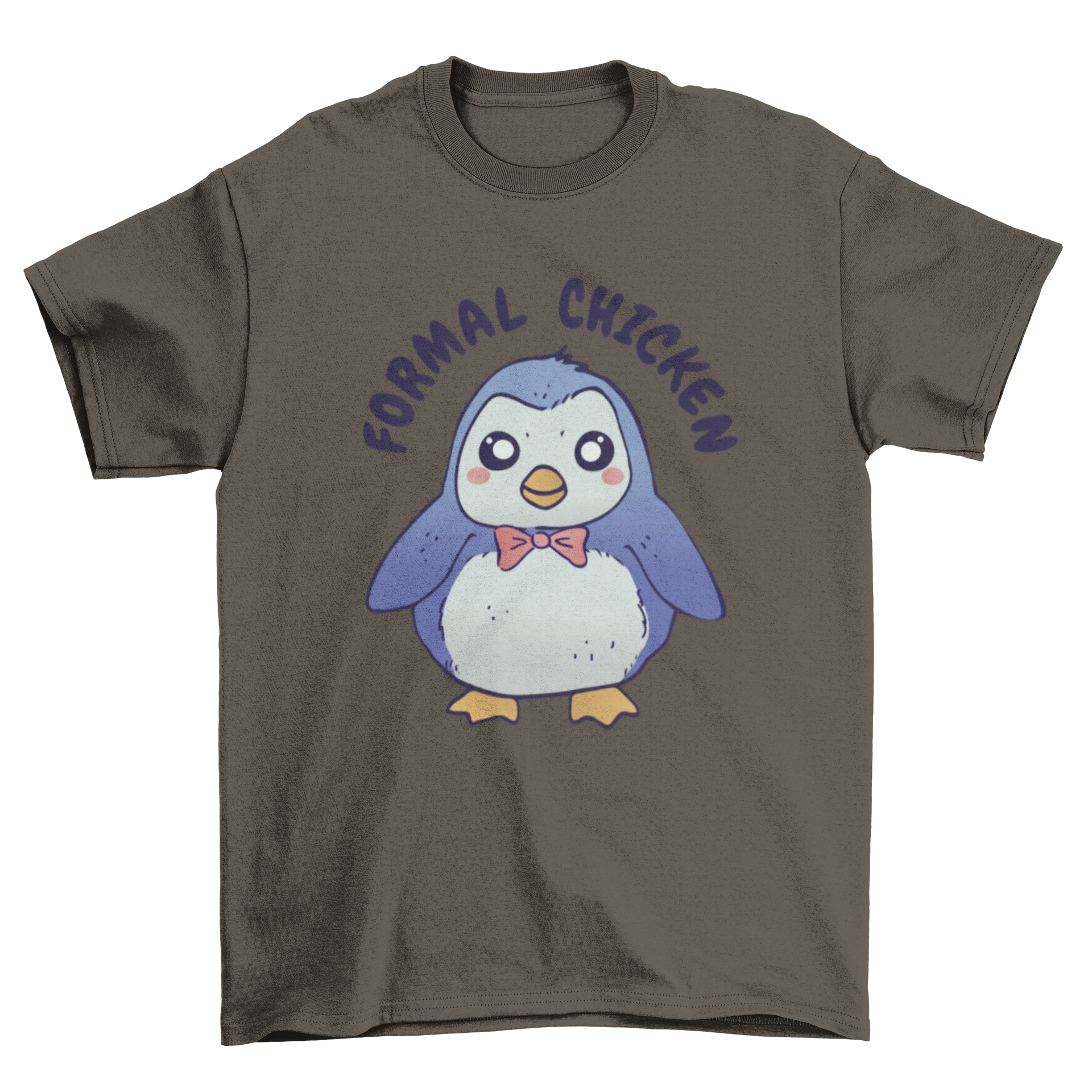 Cute t-shirt featuring a penguin in a bowtie with the quote 'Formal chicken'.