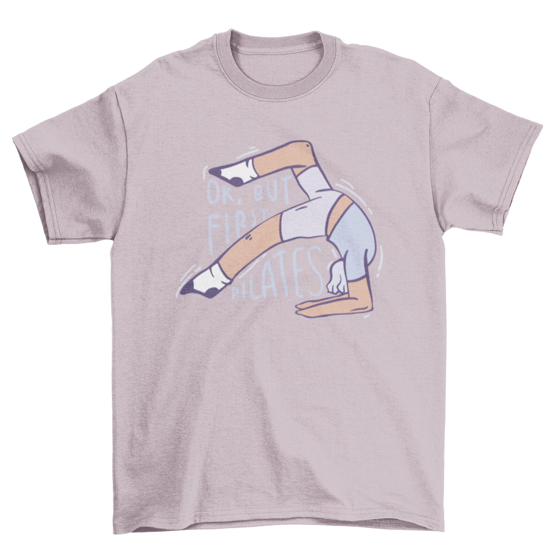 Cute pilates t-shirt featuring a woman stretching and the quote 'Ok, but first pilates'.