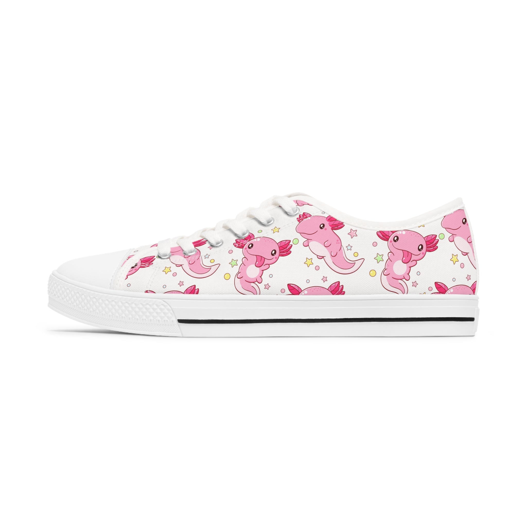 Cute Pink Axoltl Women's Low Top Sneakers featuring breathable canvas and memory foam insoles, with customizable black or white soles.