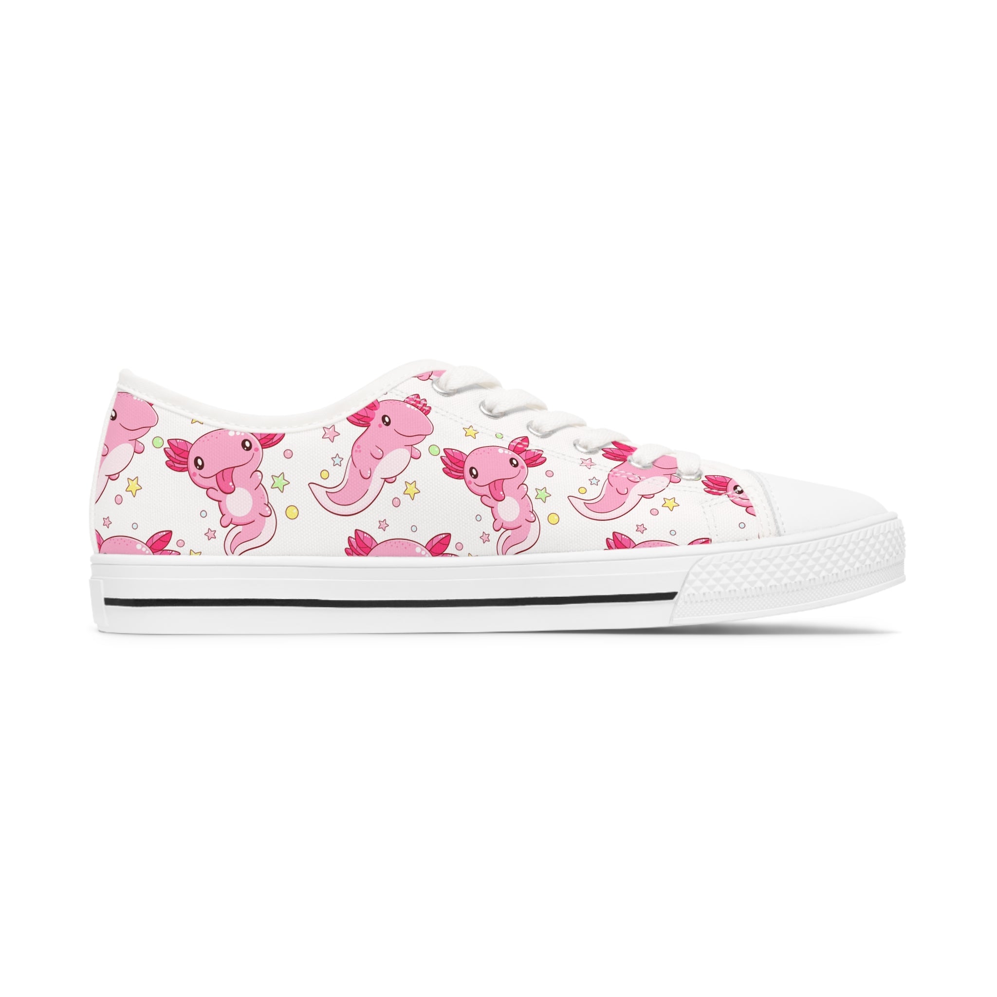 Cute Pink Axoltl Women's Low Top Sneakers featuring breathable canvas and memory foam insoles, with customizable black or white soles.