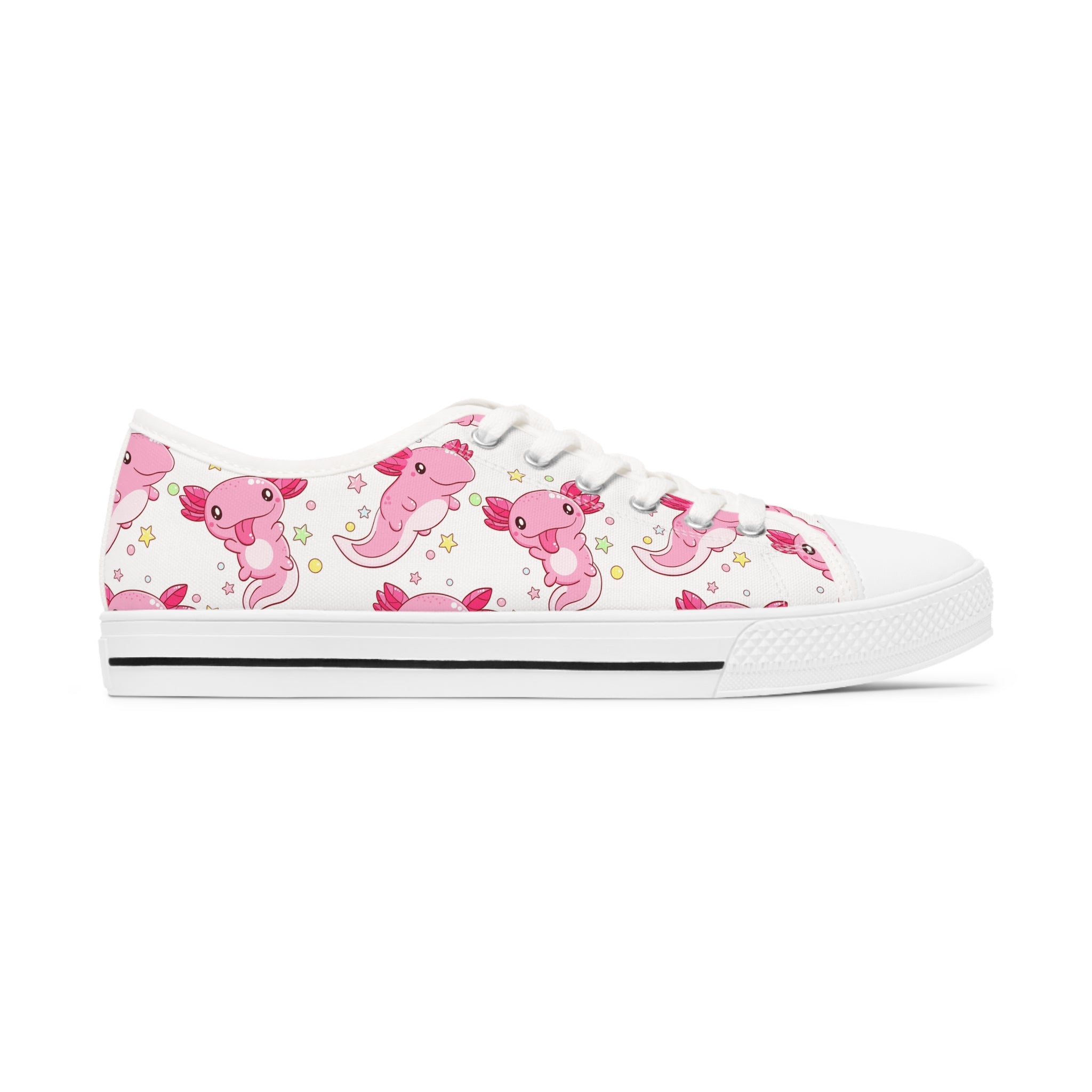 Cute Pink Axoltl Women's Low Top Sneakers featuring breathable canvas and memory foam insoles, with customizable black or white soles.