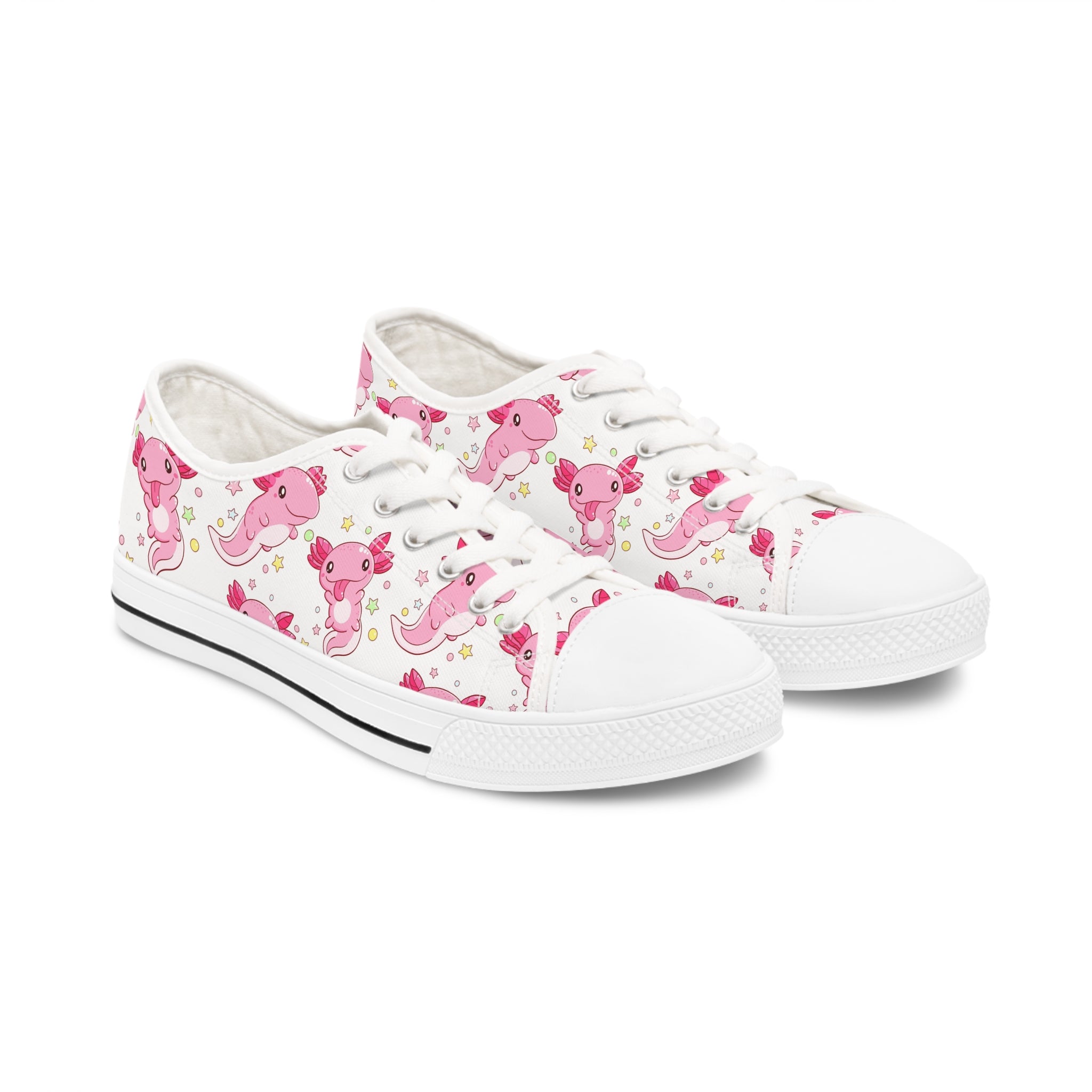 Cute Pink Axoltl Women's Low Top Sneakers featuring breathable canvas and memory foam insoles, with customizable black or white soles.