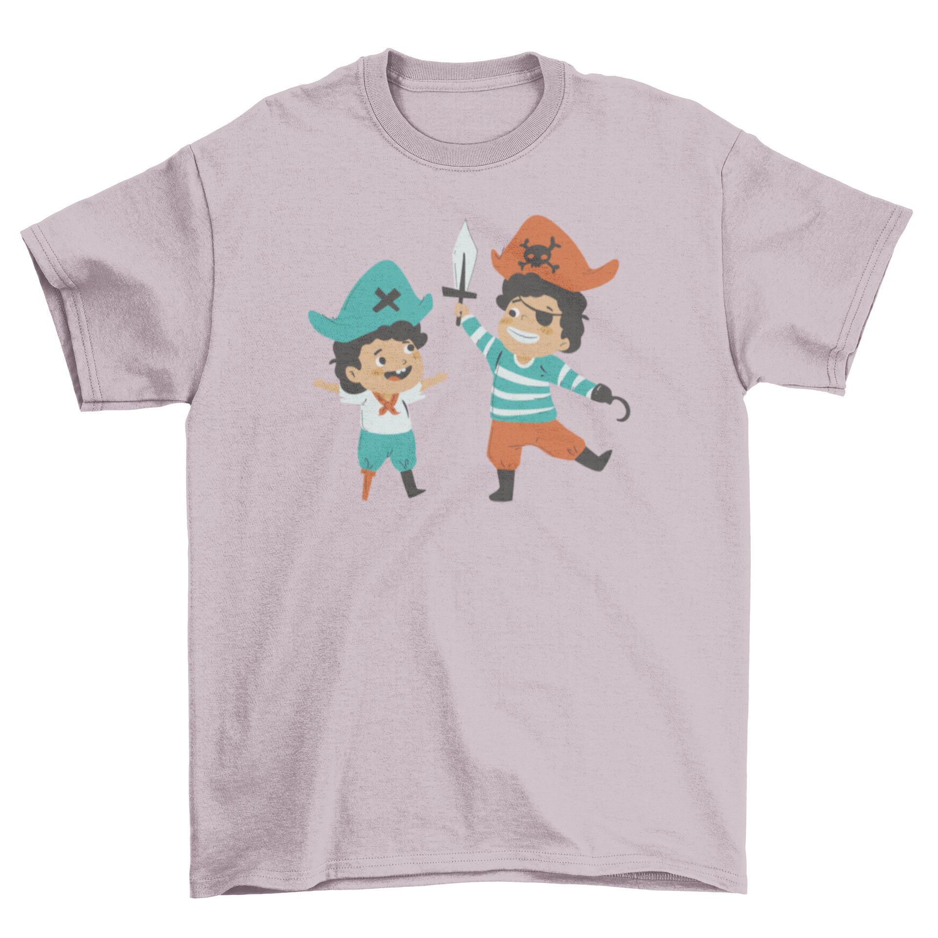 Cute pirate-themed t-shirt for children featuring two kids dressed as pirates, perfect for imaginative play.