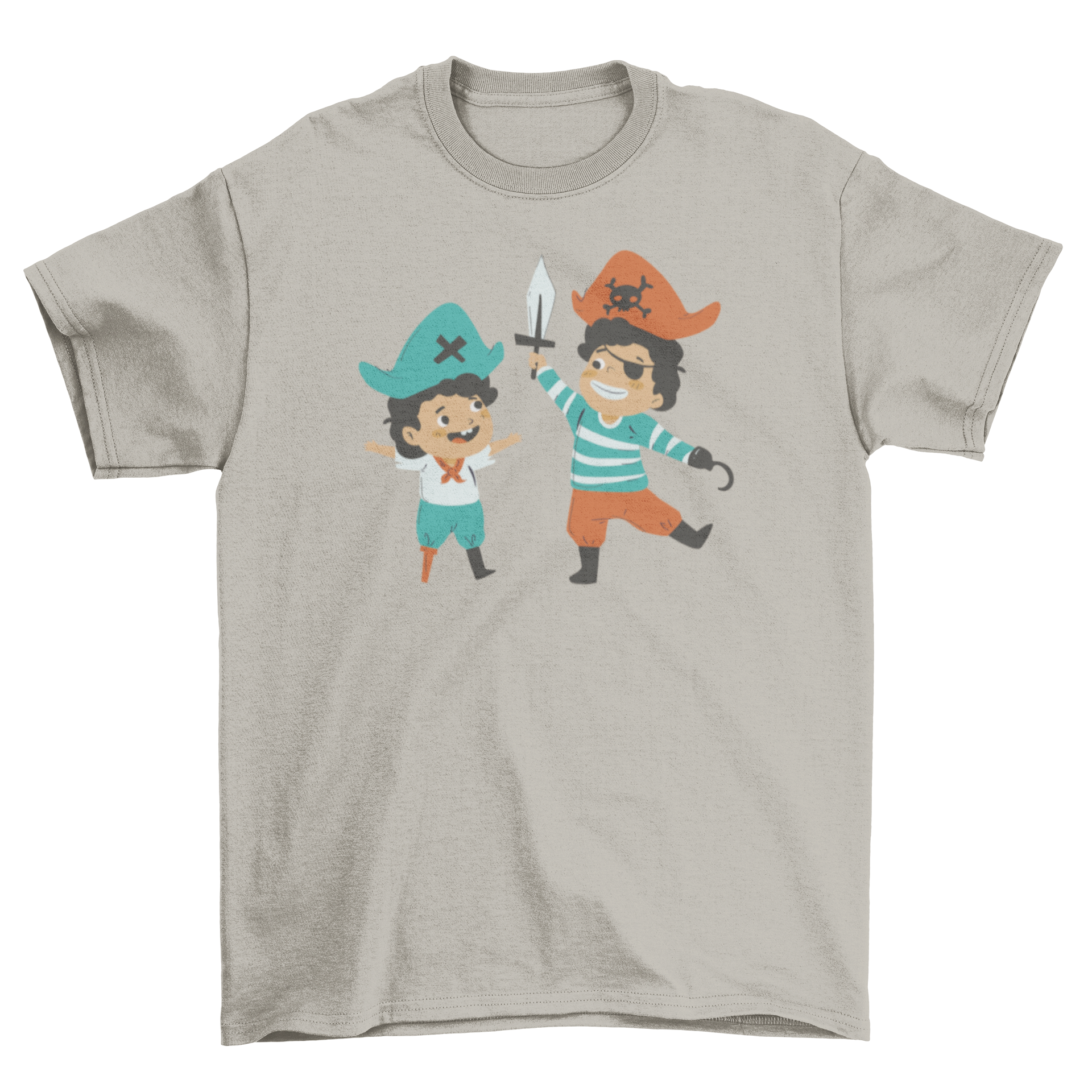 Cute pirate-themed t-shirt for children featuring two kids dressed as pirates, perfect for imaginative play.