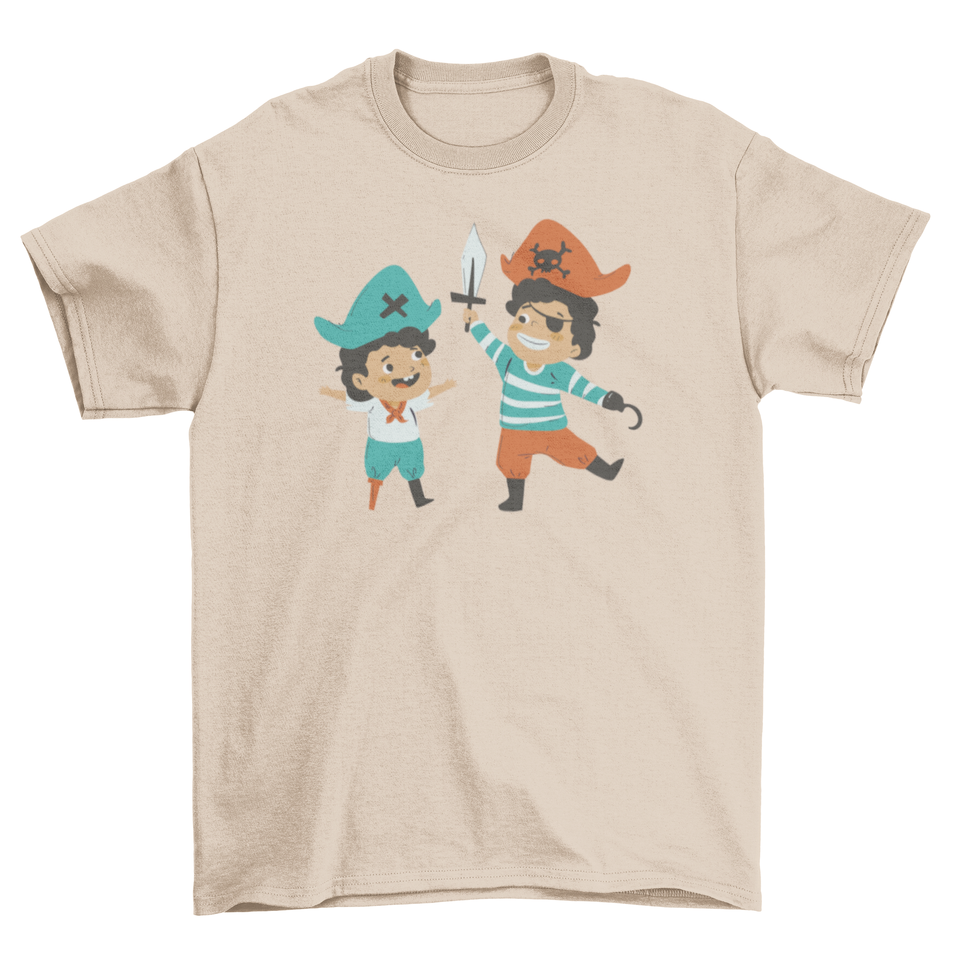 Cute pirate-themed t-shirt for children featuring two kids dressed as pirates, perfect for imaginative play.