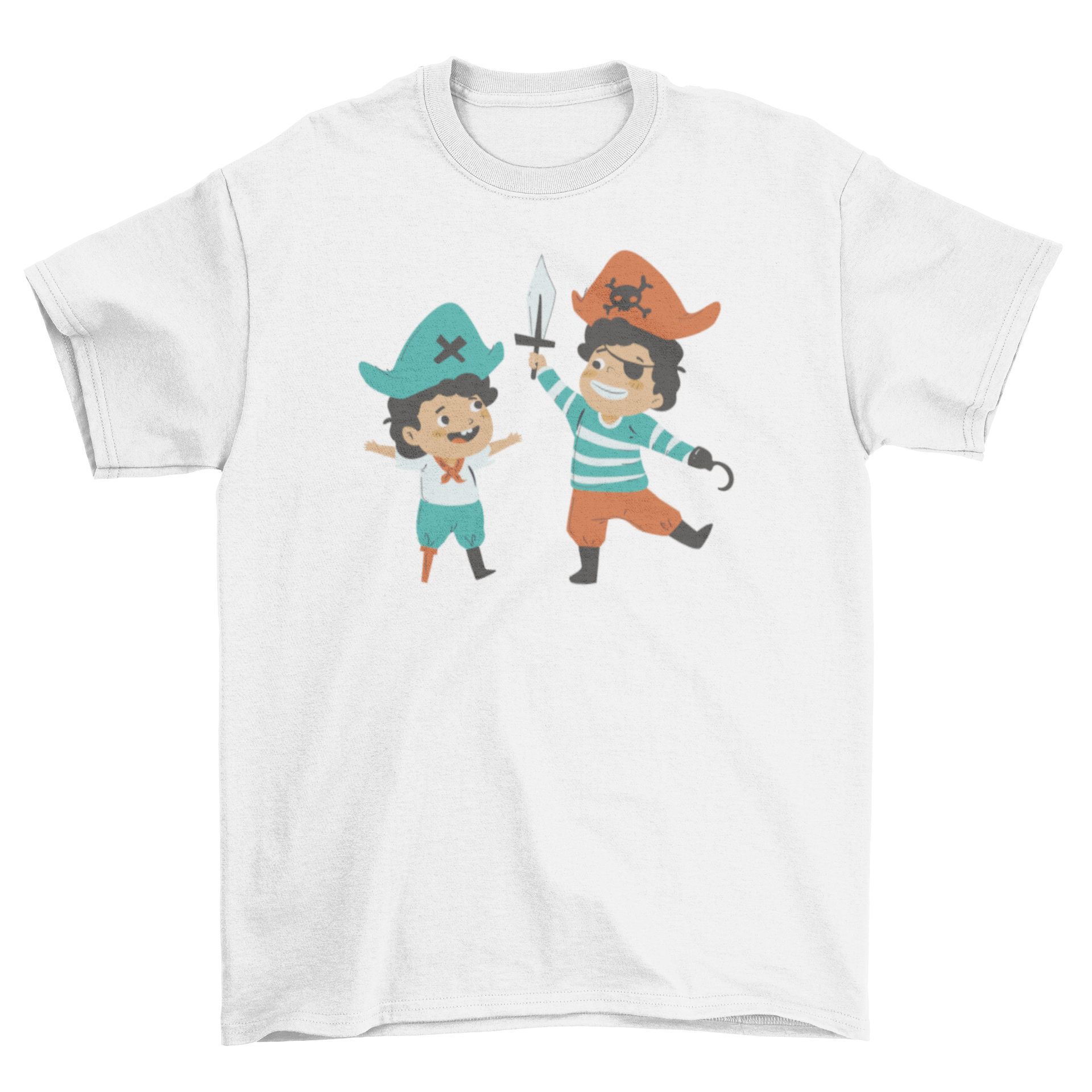 Cute pirate-themed t-shirt for children featuring two kids dressed as pirates, perfect for imaginative play.