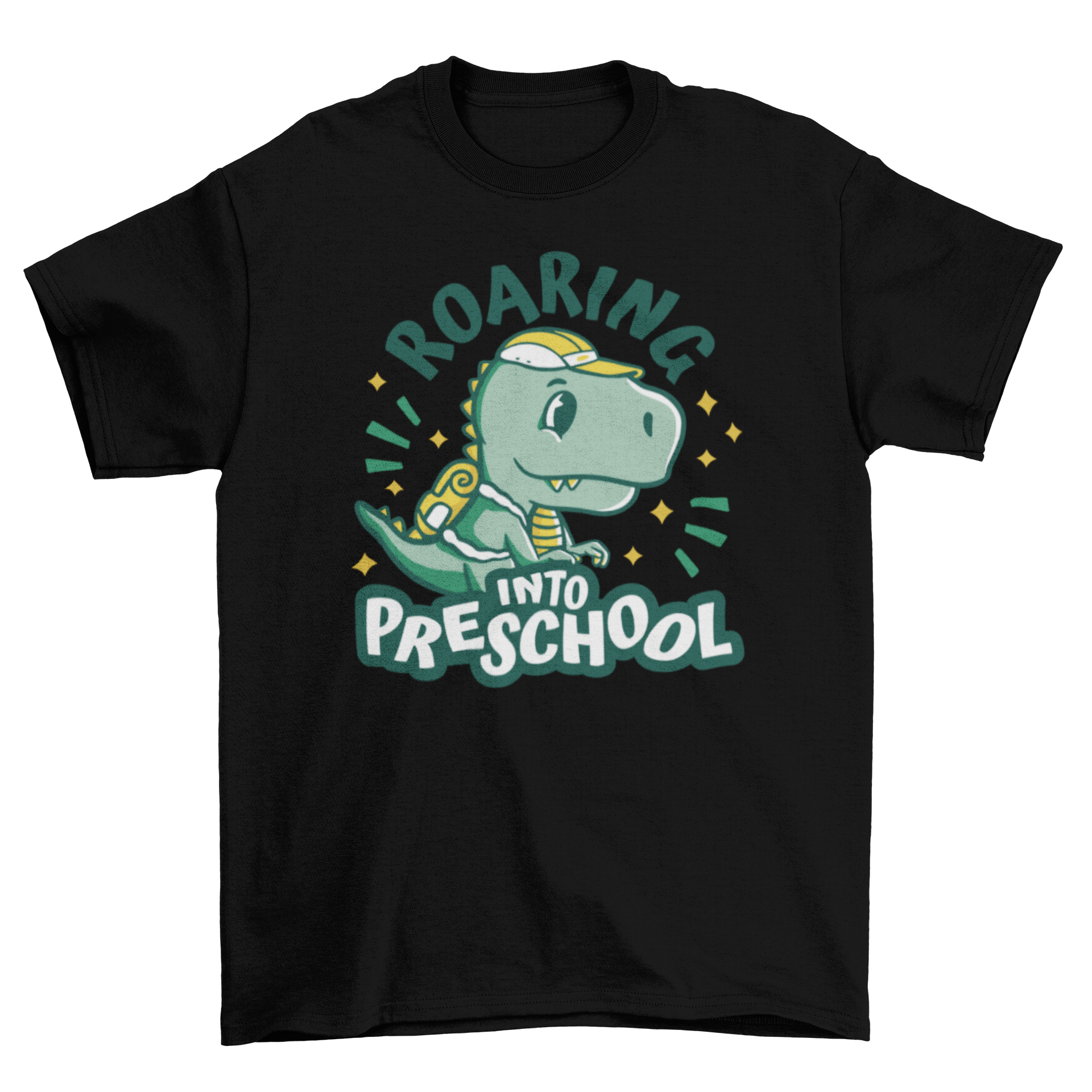 Cute preschool dinosaur t-shirt featuring a T-Rex with a backpack and the quote 'Roaring into preschool'.