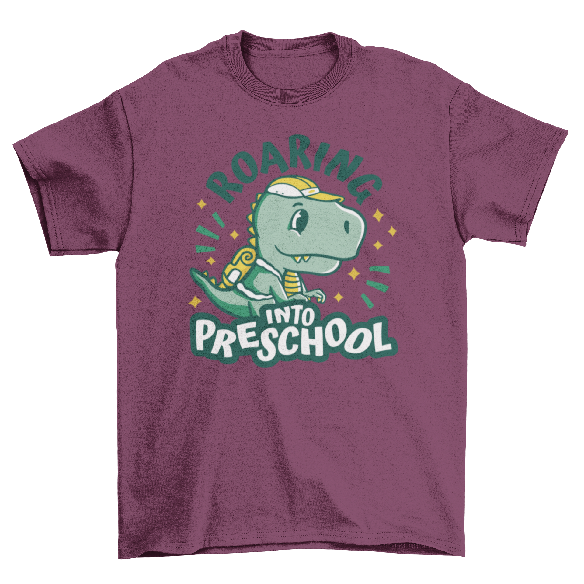 Cute preschool dinosaur t-shirt featuring a T-Rex with a backpack and the quote 'Roaring into preschool'.