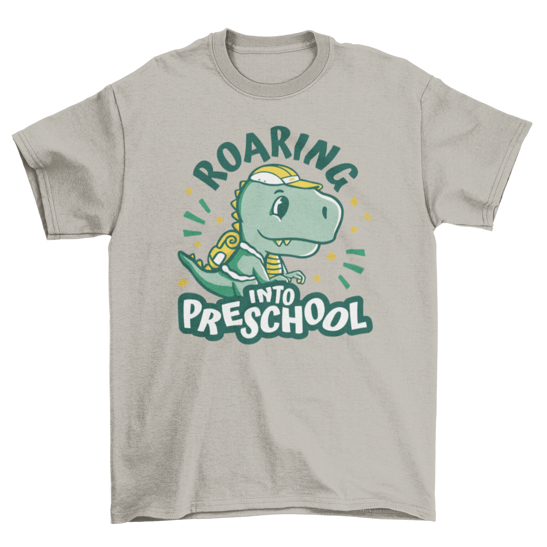 Cute preschool dinosaur t-shirt featuring a T-Rex with a backpack and the quote 'Roaring into preschool'.