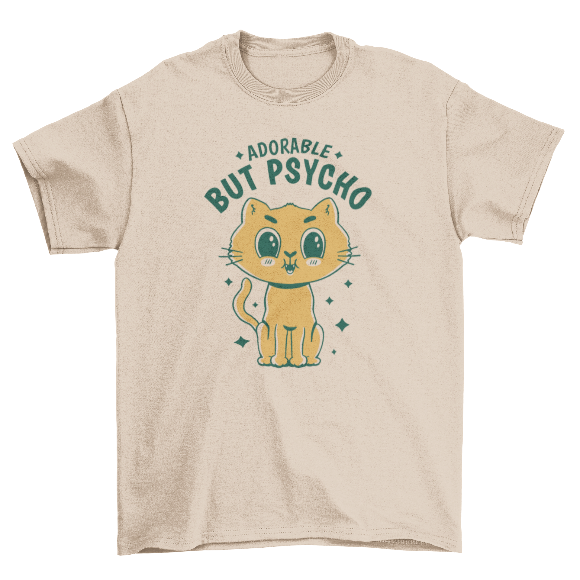 Cute cartoon cat t-shirt featuring the quote 'Adorable but psycho', showcasing vibrant colors and playful design.