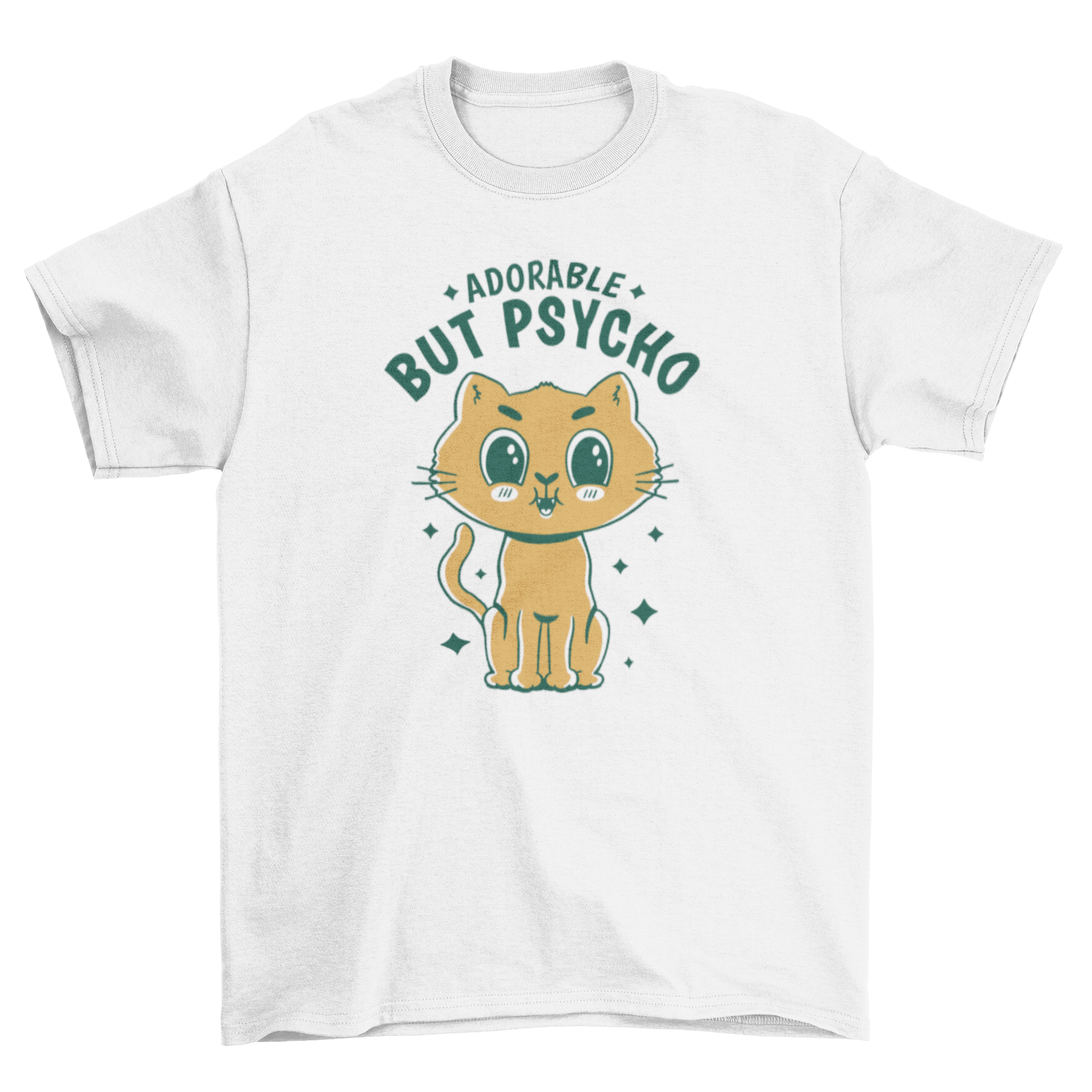 Cute cartoon cat t-shirt featuring the quote 'Adorable but psycho', showcasing vibrant colors and playful design.