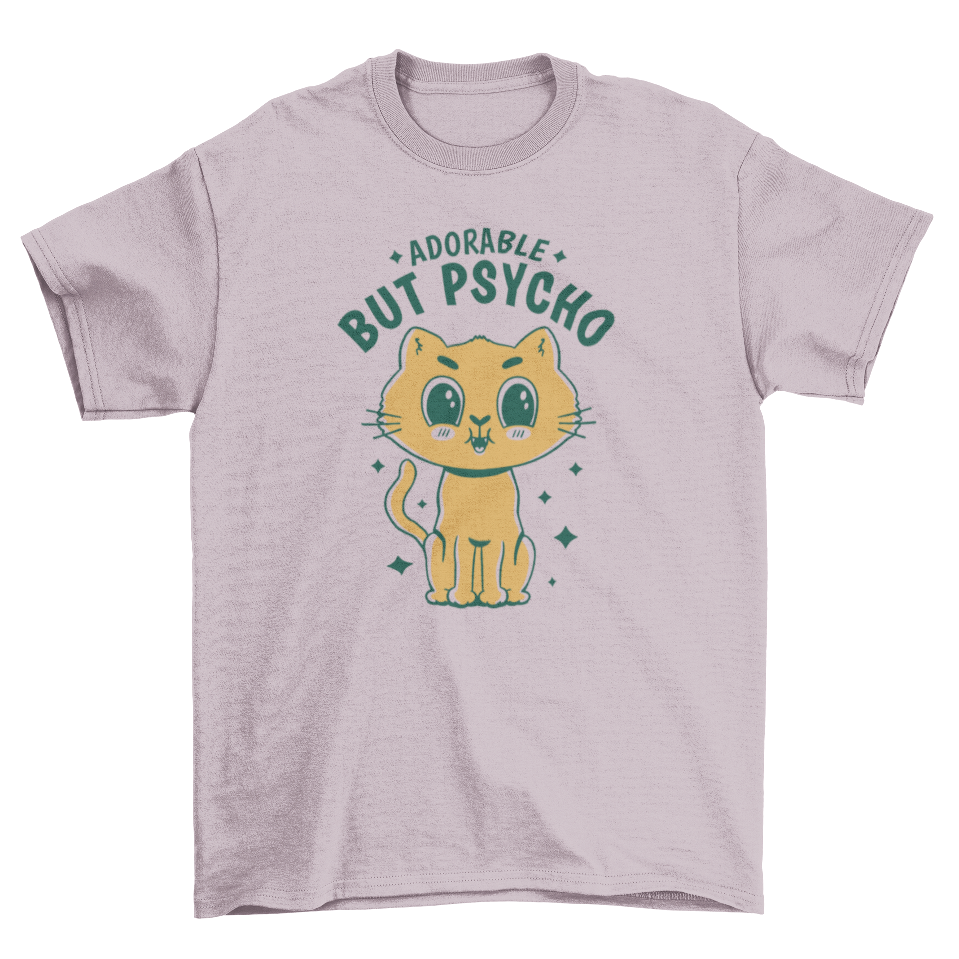 Cute cartoon cat t-shirt featuring the quote 'Adorable but psycho', showcasing vibrant colors and playful design.