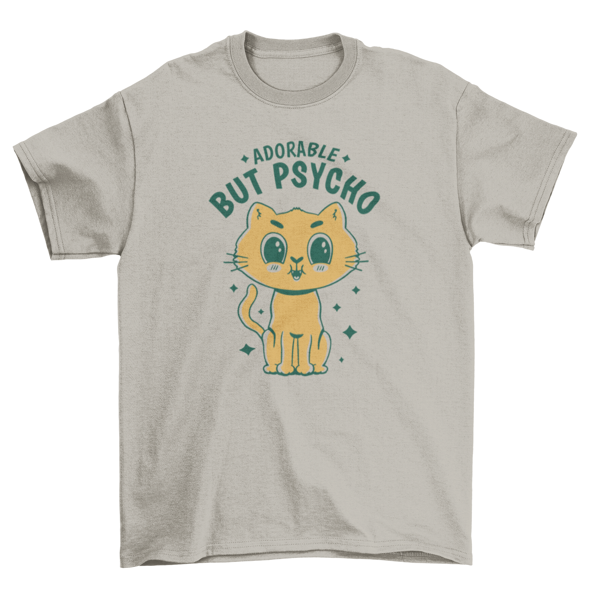 Cute cartoon cat t-shirt featuring the quote 'Adorable but psycho', showcasing vibrant colors and playful design.