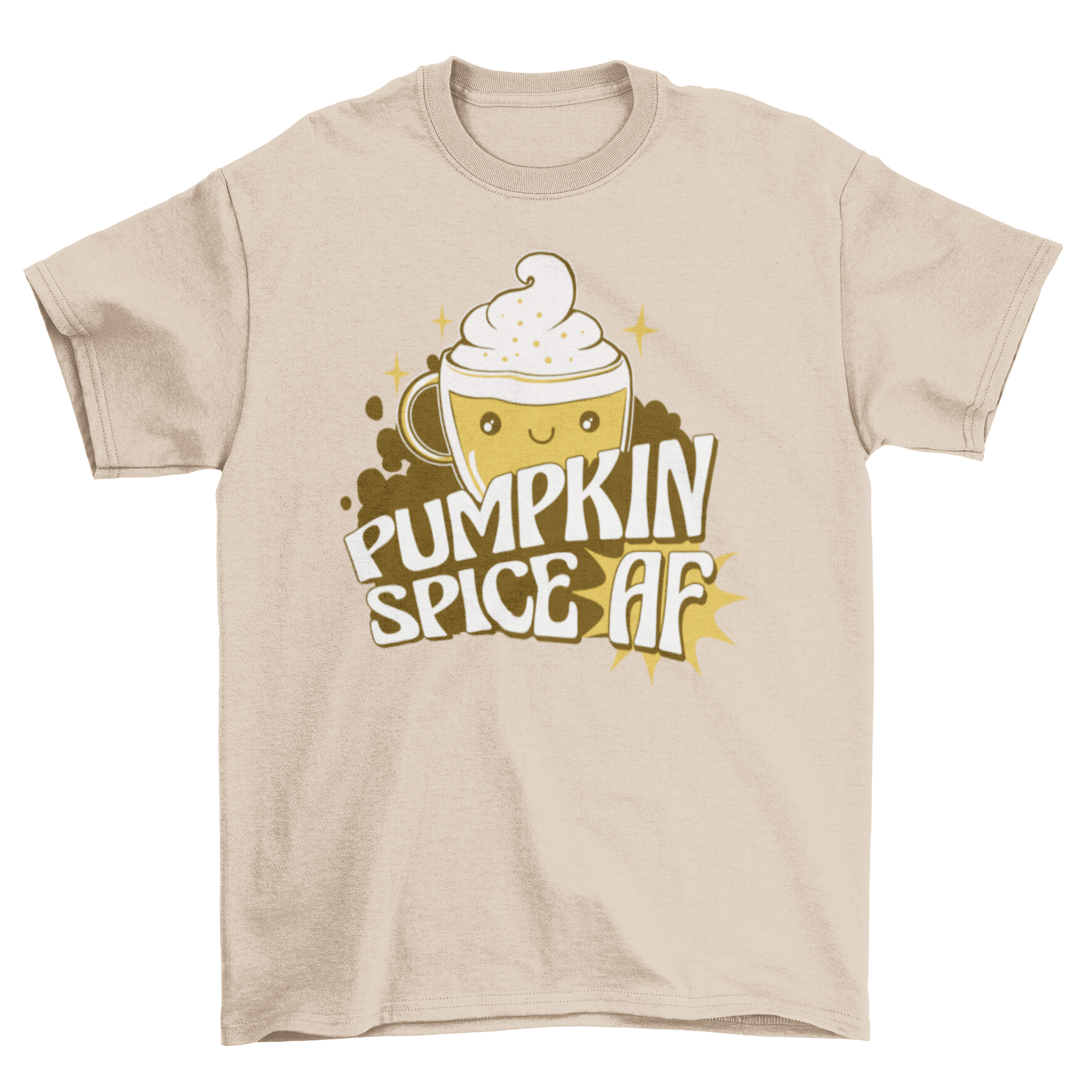 Cute pumpkin spice cartoon t-shirt featuring a coffee cup and the quote 'Pumpkin spice AF'.