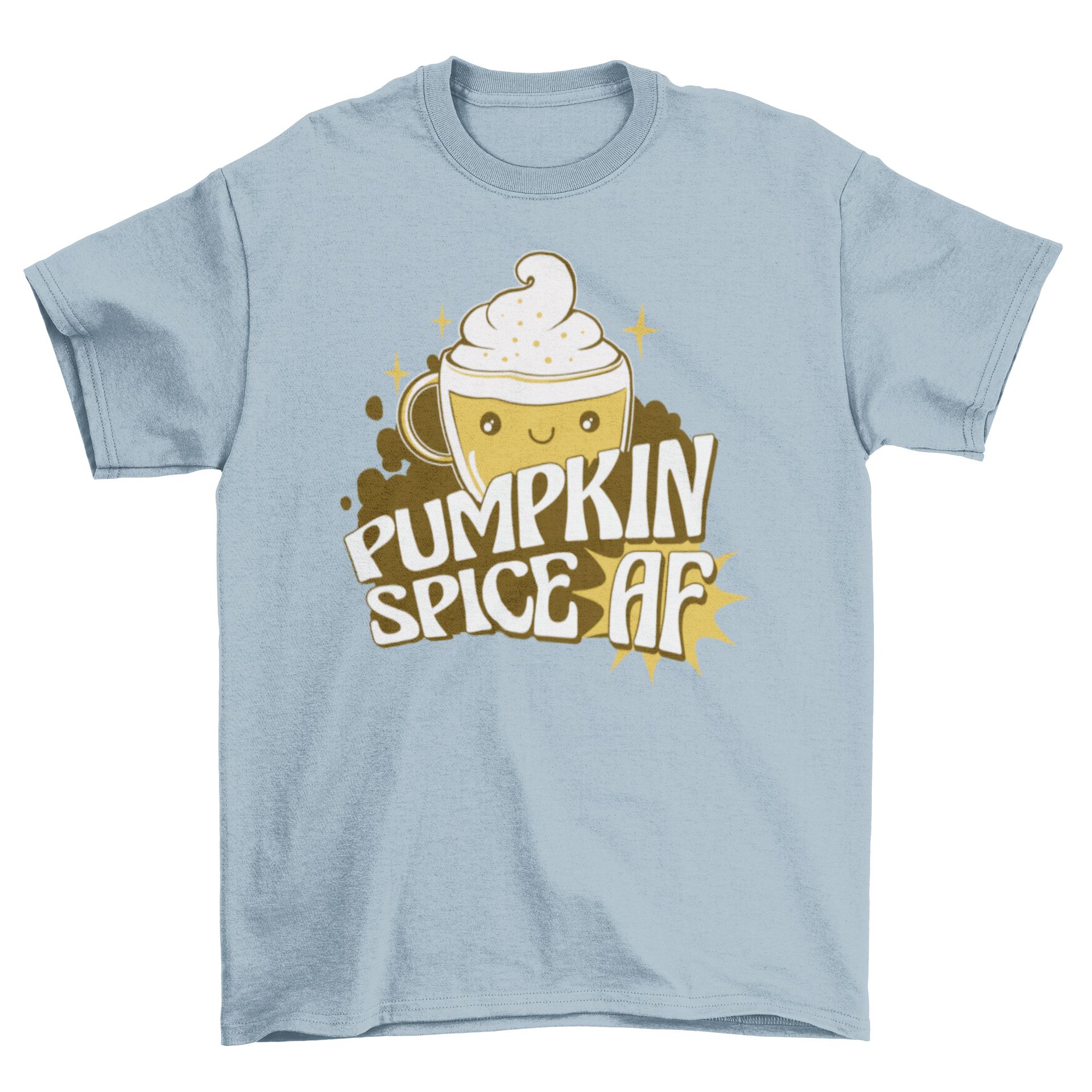 Cute pumpkin spice cartoon t-shirt featuring a coffee cup and the quote 'Pumpkin spice AF'.