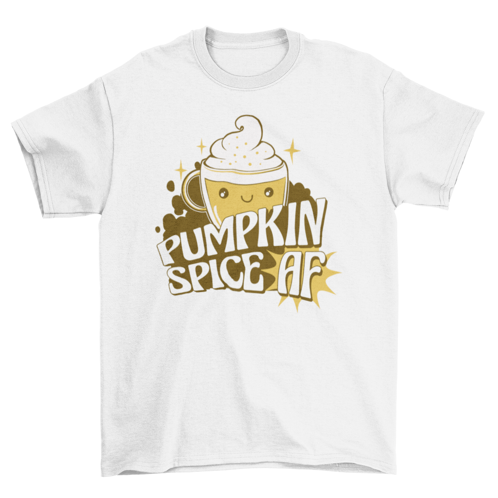 Cute pumpkin spice cartoon t-shirt featuring a coffee cup and the quote 'Pumpkin spice AF'.