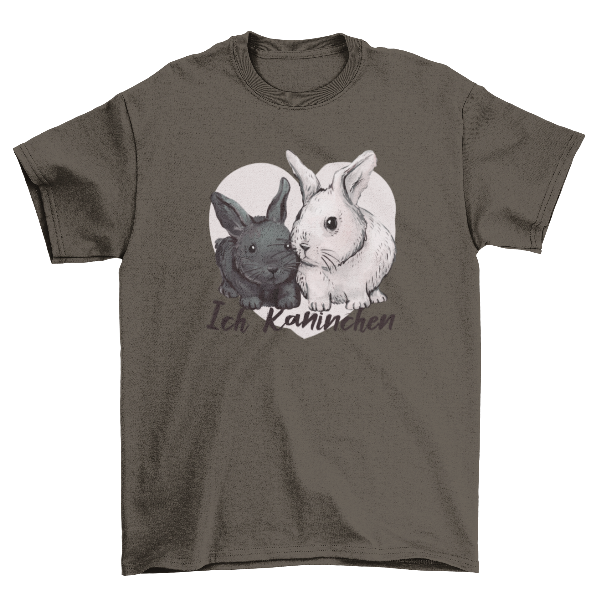 Cute rabbits t-shirt featuring two adorable rabbits and a German quote 'I rabbit'.