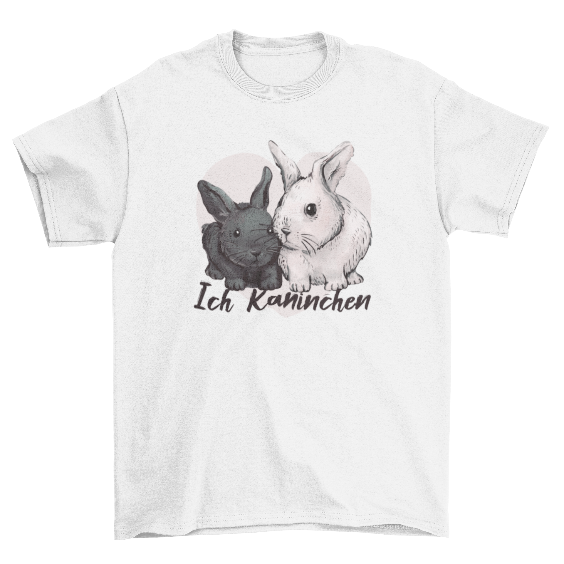 Cute rabbits t-shirt featuring two adorable rabbits and a German quote 'I rabbit'.