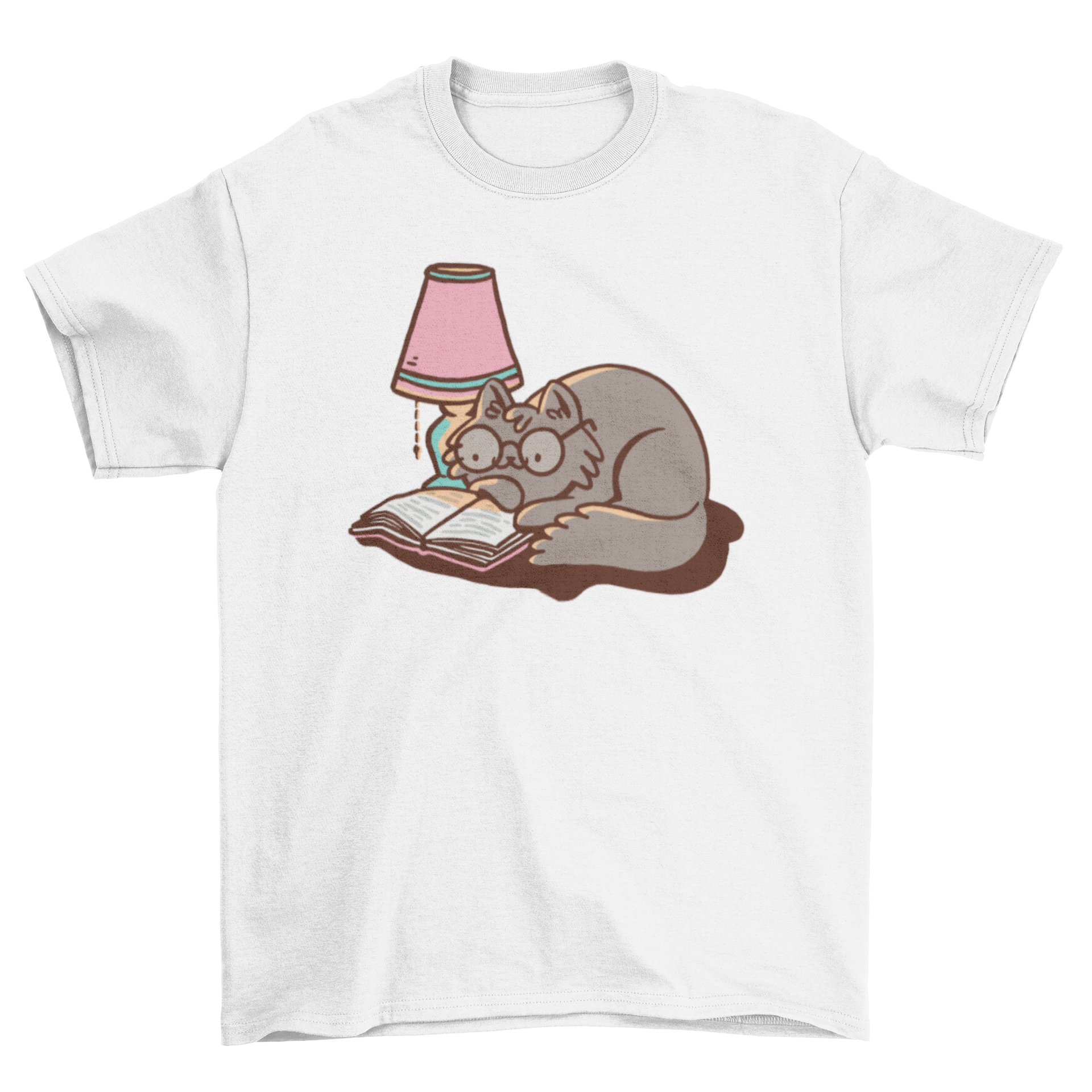 A cute t-shirt design featuring a cat wearing glasses, reading a book next to a lamp, perfect for cat lovers.