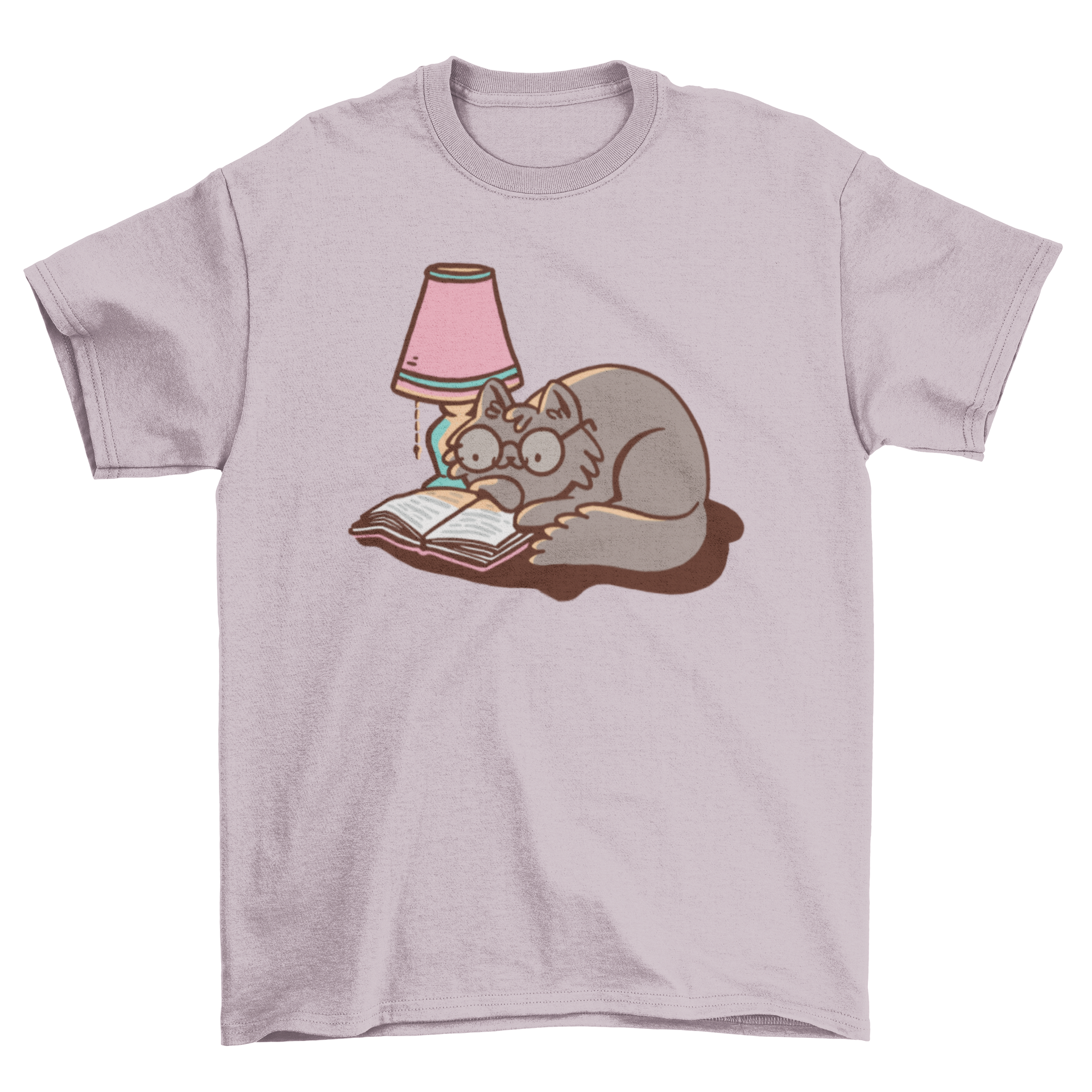 A cute t-shirt design featuring a cat wearing glasses, reading a book next to a lamp, perfect for cat lovers.