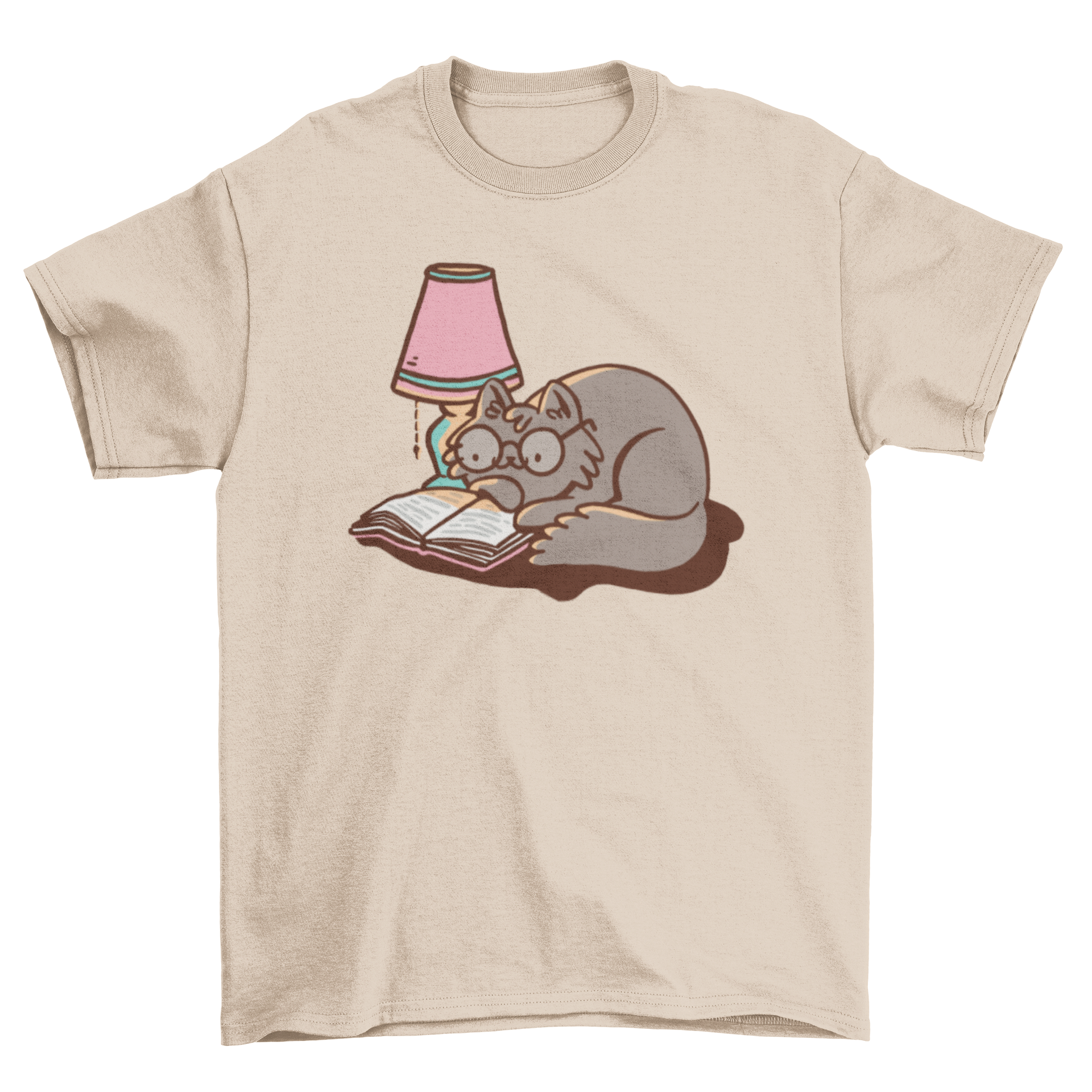 A cute t-shirt design featuring a cat wearing glasses, reading a book next to a lamp, perfect for cat lovers.