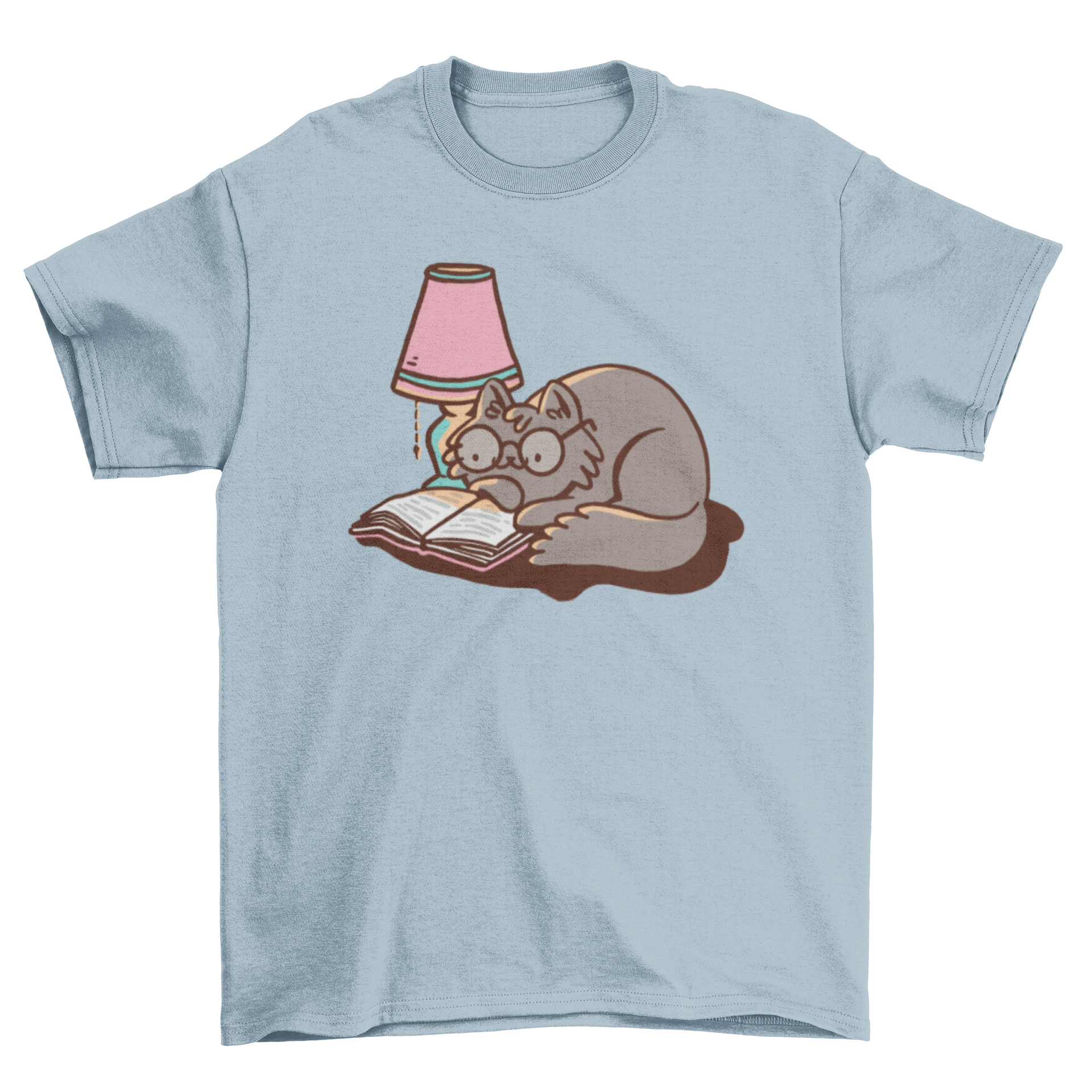 A cute t-shirt design featuring a cat wearing glasses, reading a book next to a lamp, perfect for cat lovers.