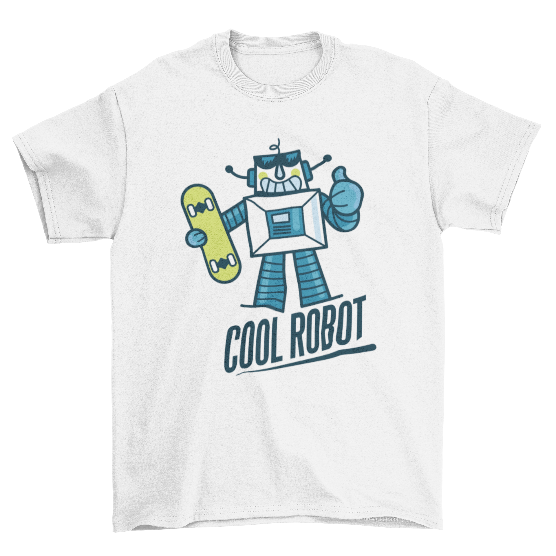 Cute cartoon robot t-shirt design featuring a robot with a skateboard and a thumbs up gesture, accompanied by the text 'Cool Robot'.