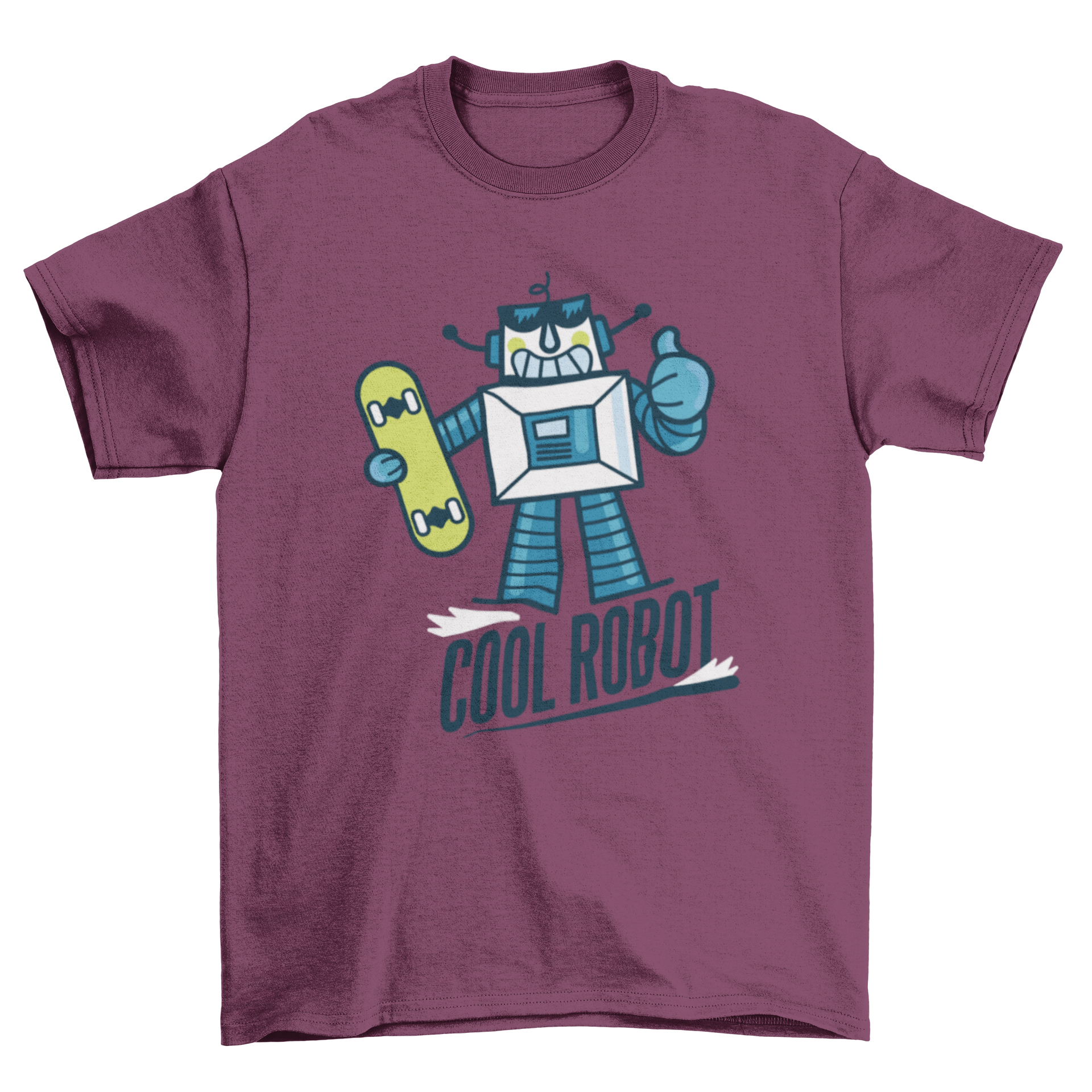 Cute cartoon robot t-shirt design featuring a robot with a skateboard and a thumbs up gesture, accompanied by the text 'Cool Robot'.