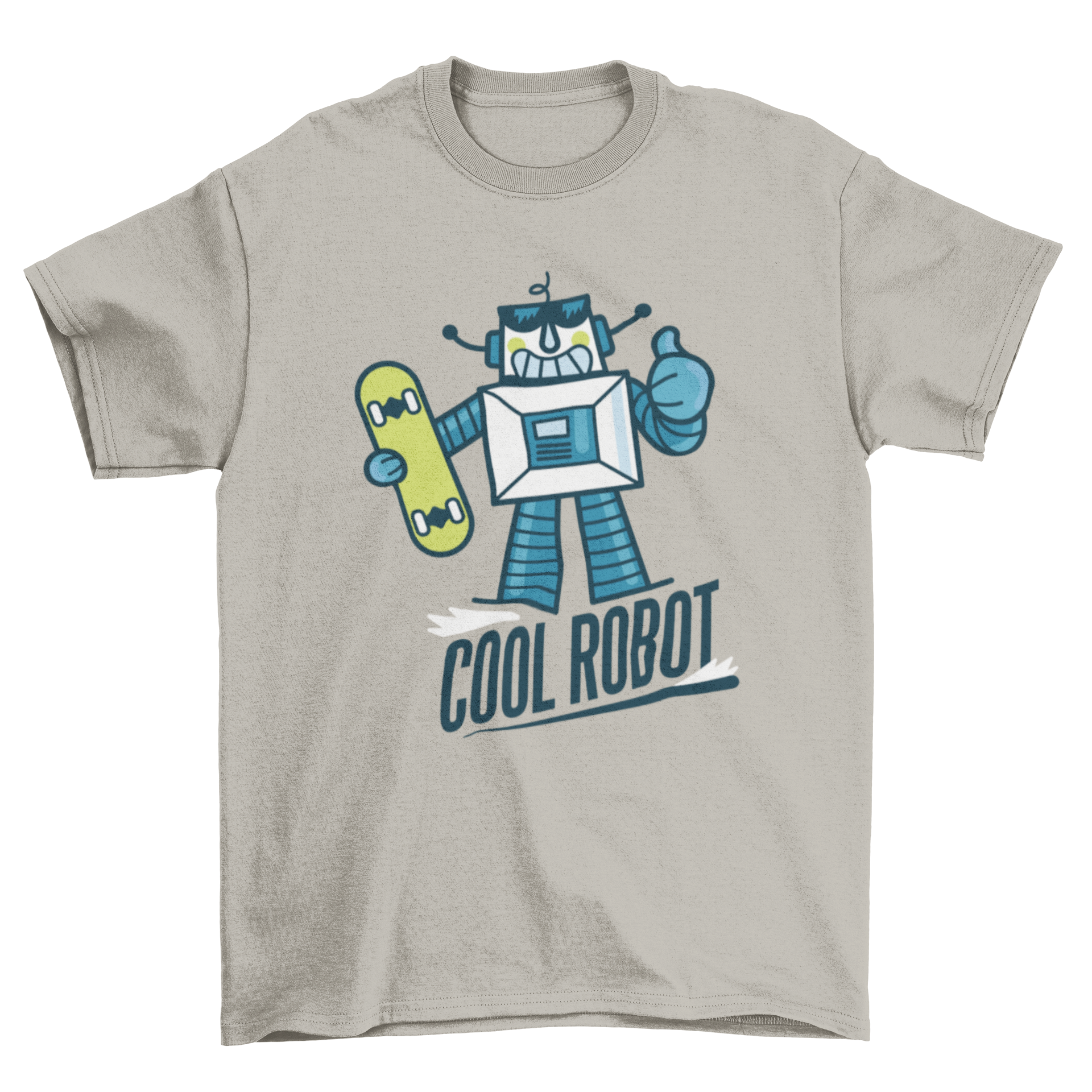 Cute cartoon robot t-shirt design featuring a robot with a skateboard and a thumbs up gesture, accompanied by the text 'Cool Robot'.