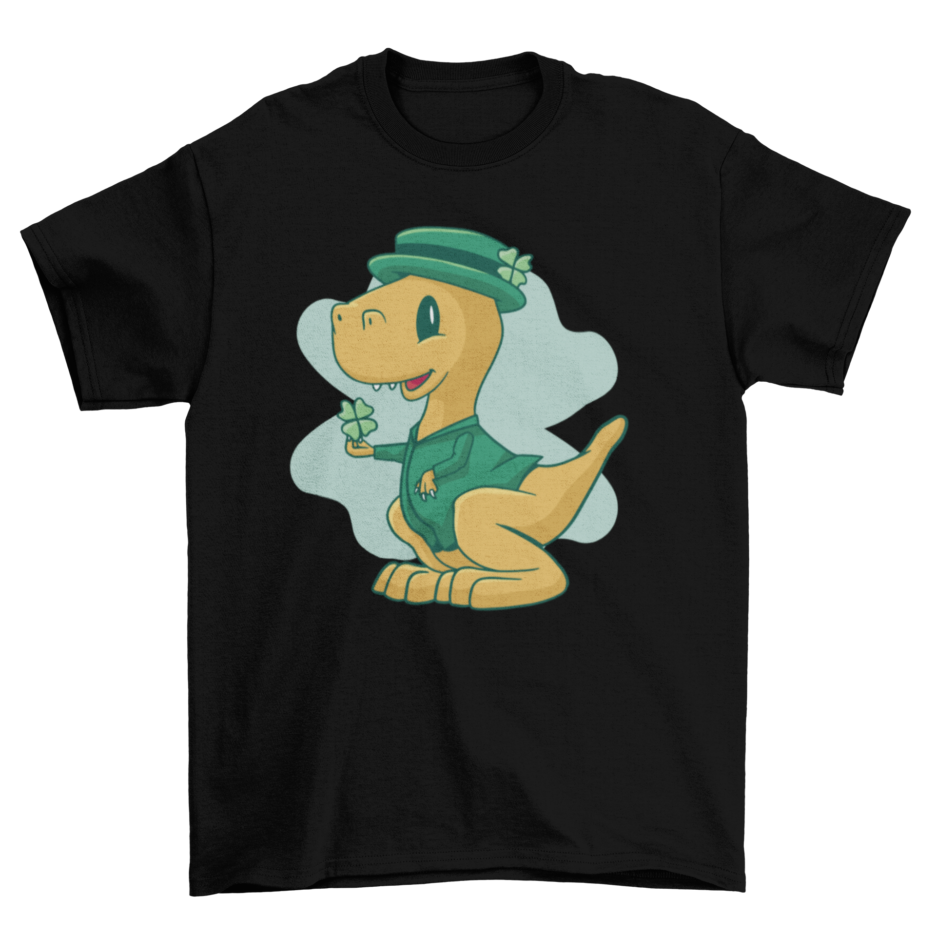 Cute dinosaur wearing a St. Patrick's Day costume on a t-shirt, featuring vibrant colors and playful design.